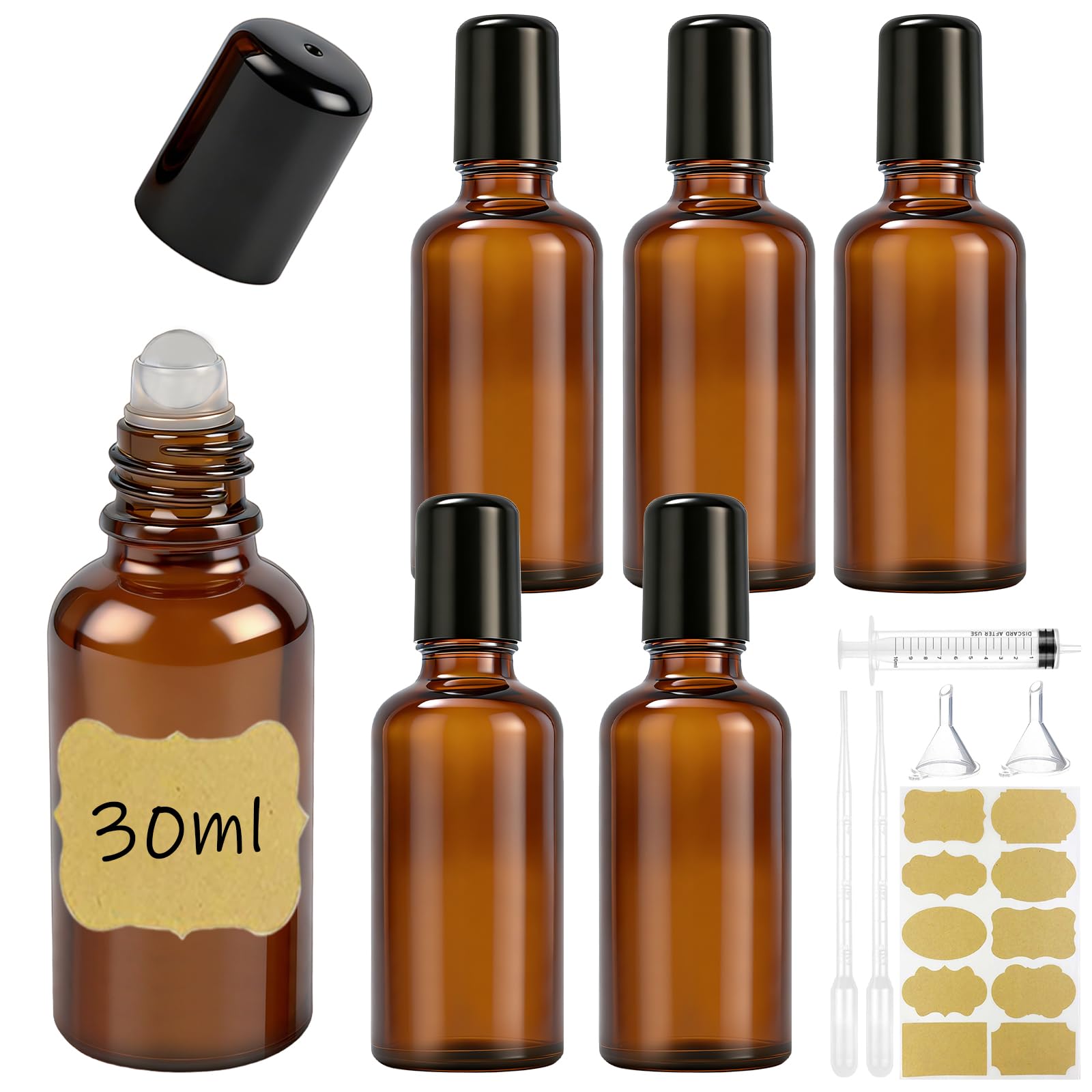 6 bottiglie di vetro rollon da 30 ml per olio essenziale, rollon bottiglia vuota, con sfera in vetro, ricaricabili in Rollon marrone con 6 accessori per profumo, massaggio, aromaterapia