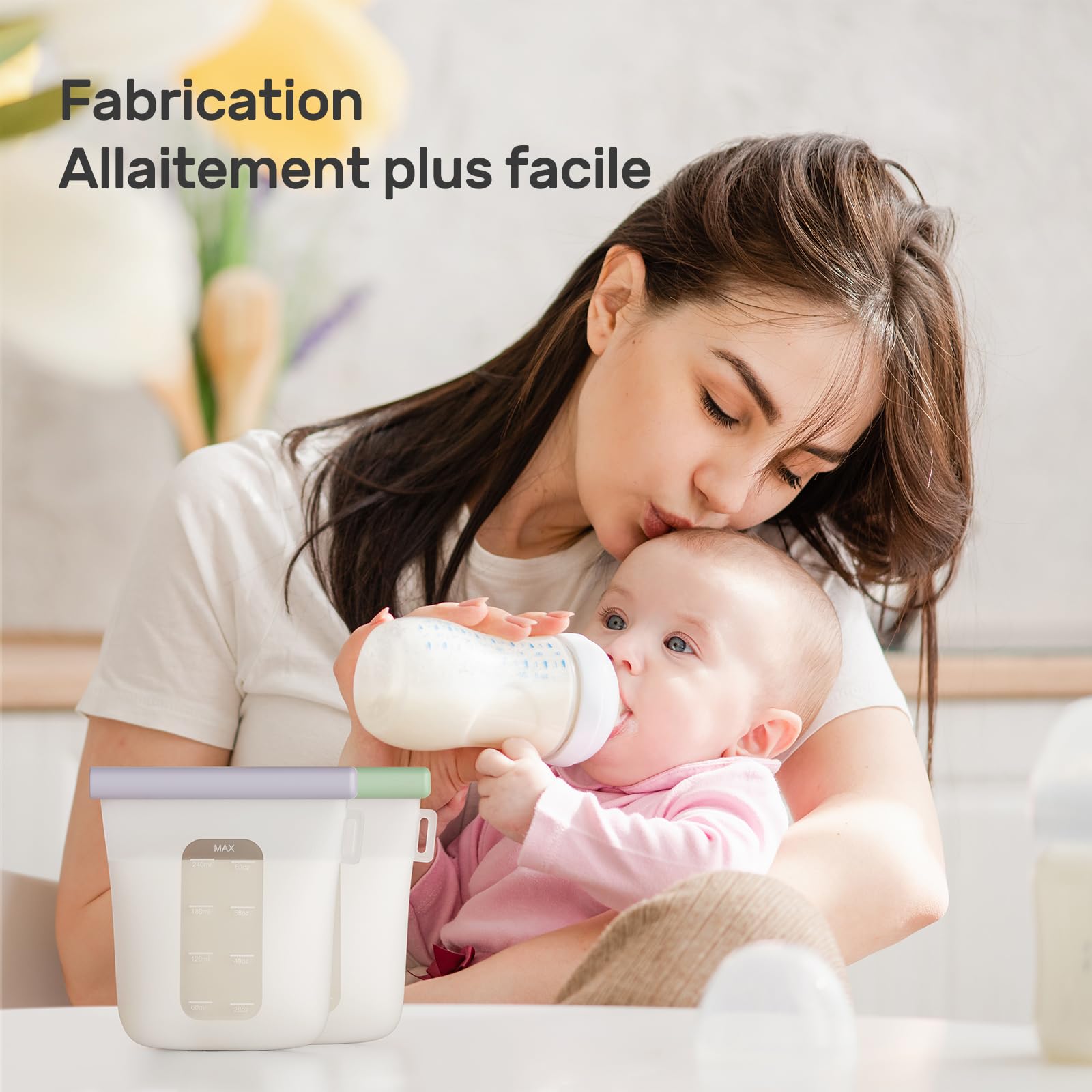 Nuliie Silicone Sachet Conservation Lait Maternelle Lot de 7, Doublement Étanches Sac Congelation Lait Maternel, Sans BPA Sacs à Lait Autoportants de 8oz/240ml pour L'allaitement