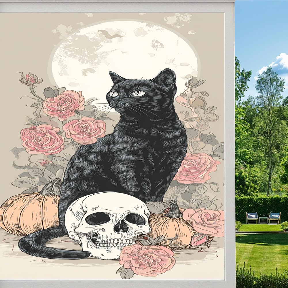 Pmlbaous Retro Cat Privacy Window Film, Gothic Skull Flower Pumpkin Frosted Self-Adhesive Vinyl Cling For Glass Doors Bathroom Windows Sun Blocking Heat Control, （55X120cm）