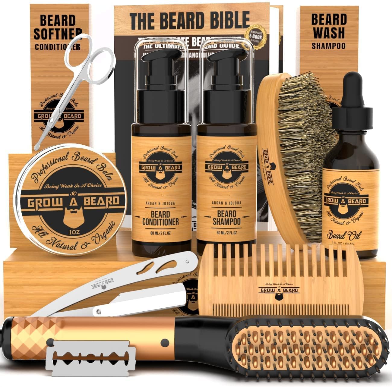 Beard Straightener Grooming Kit for Men, Beard Growth Kit, Wash, Brush & Comb, Unscented Growth Oil, All Natural Sandalwood Balm, Conditioner, Razor & Scissors, Great Gift Idea for Men's (Bamboo)