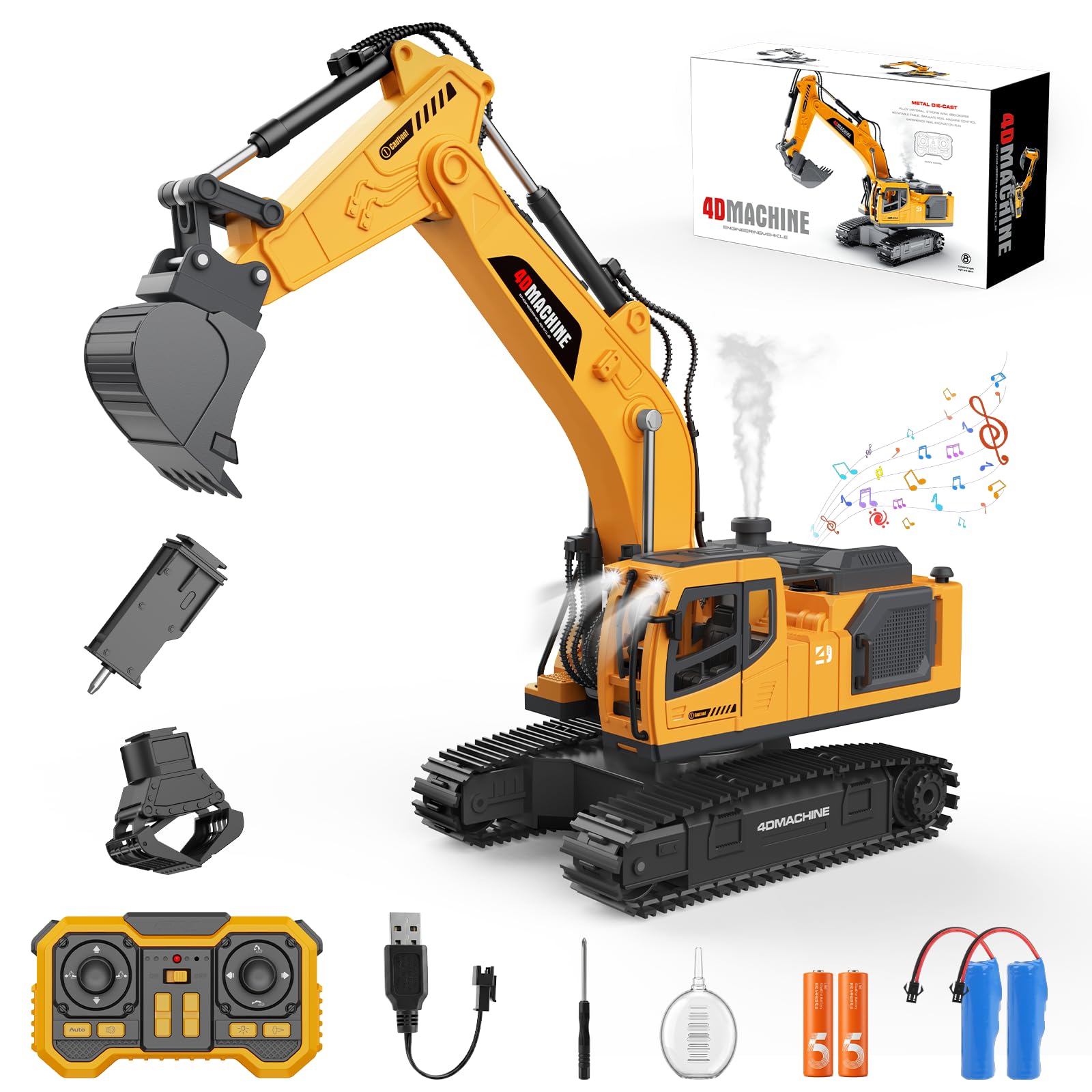 Remote Control Excavator Toy for Boys, 3-in-1 RC Excavator with Alloy Bucket, Breaker & Grapple, Construction Vehicle Toys with Lights & Sounds, 2×1200mAh Batteries, Birthday Gift for Kids 8-12