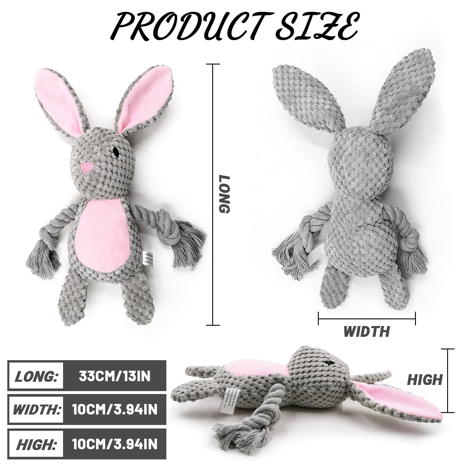 Grauer Hase Hundespielzeug mit Quietsche und Knisterpapier - Plüschtier mit Baumwollseil für Tauziehen - Interaktives Kuscheltier für Welpen, kleine & mittelgroße Hunde - Ideal als Ostergeschenk