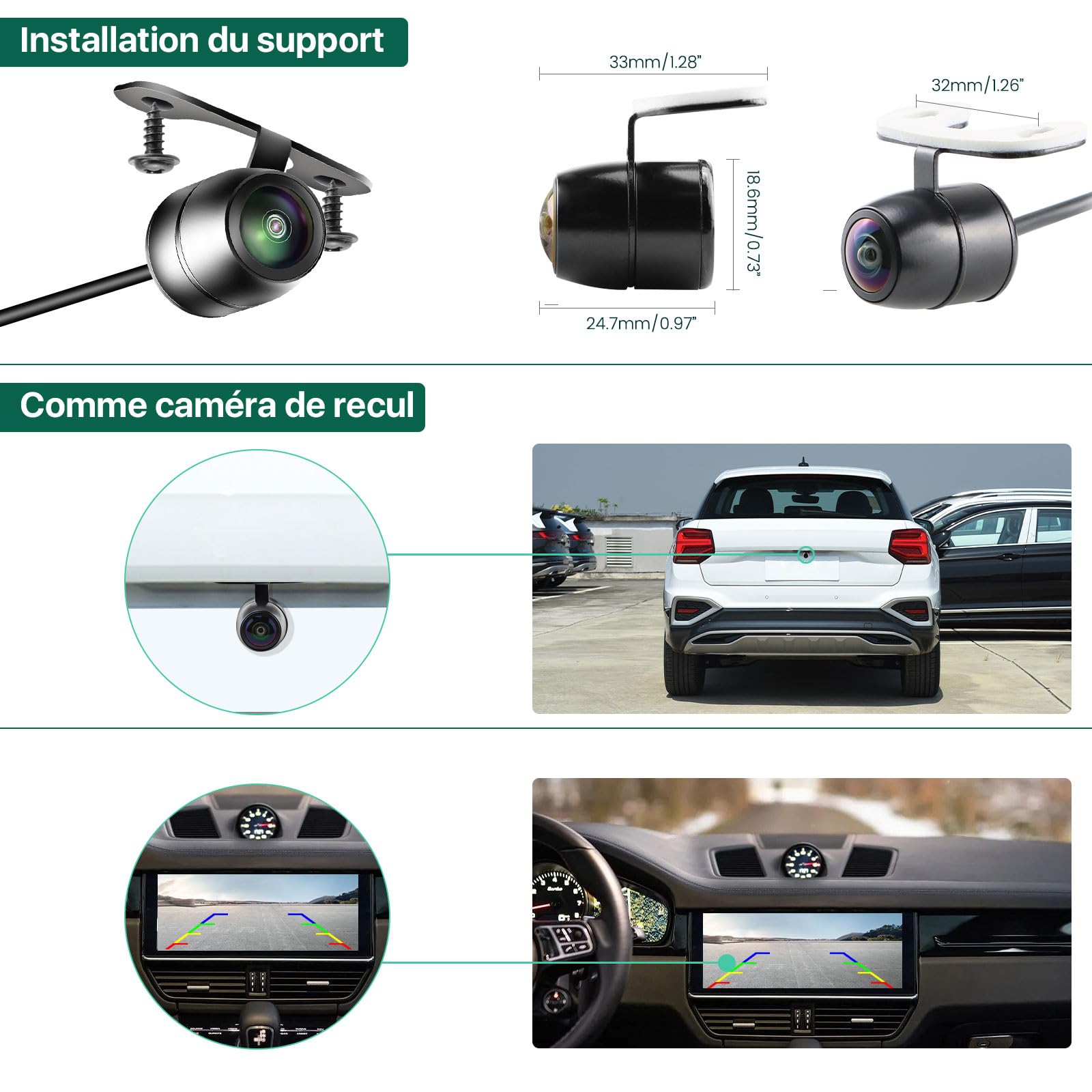 Cámara de visión trasera AHD 1080P Solo funciona con monitores y radio que soportan la señal de vídeo AHD 1080P, gran angular de 170 grados cámara universal delantera/lateral/coche