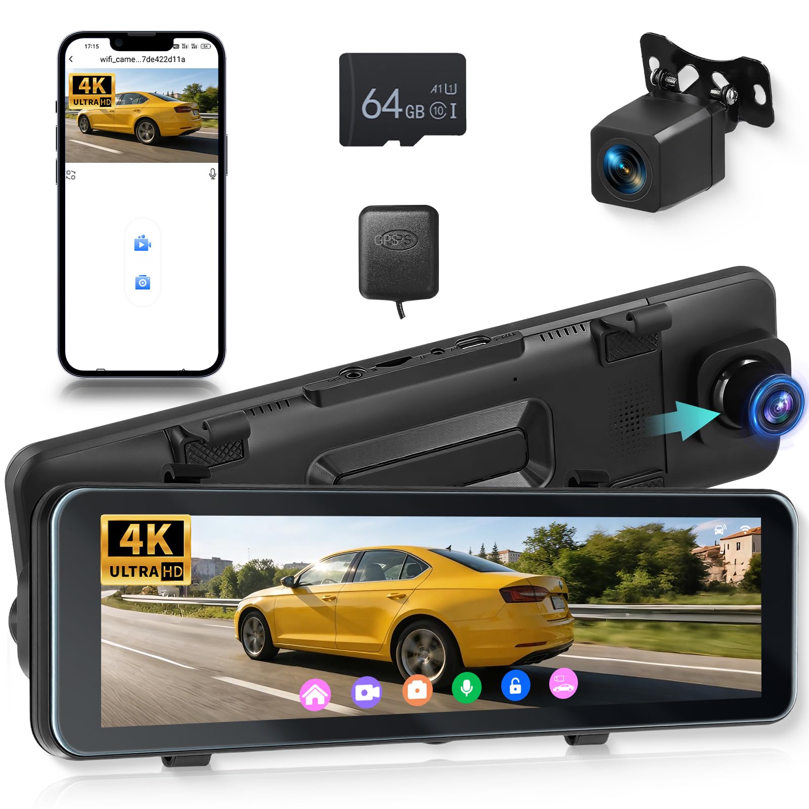 Hodozzy Dashcam Espejo Retrovisor 4K Frontal y 1080P Trasera, GPS ADAS BSD WiFi y App, Pantalla Táctil 10,88 Pulgadas Cámara Coche con Modo Aparcamiento, Sensor G, Loop, Visión Nocturna, Tarjeta 64GB