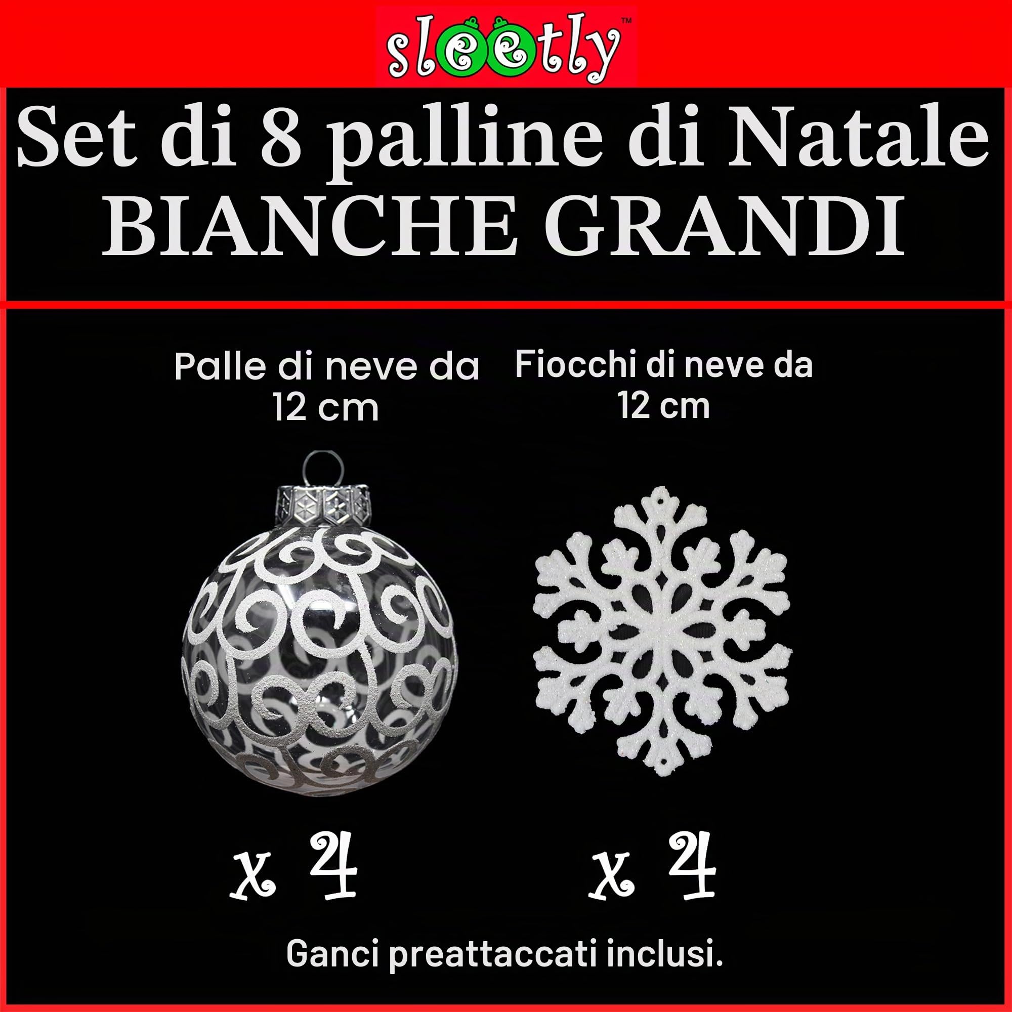 8pk Palline di Natale a spirale bianche trasparenti per decorazioni per l'albero di Natale - Palline di plastica infrangibili extra large da 120 mm e decorazioni a forma di fiocco di neve