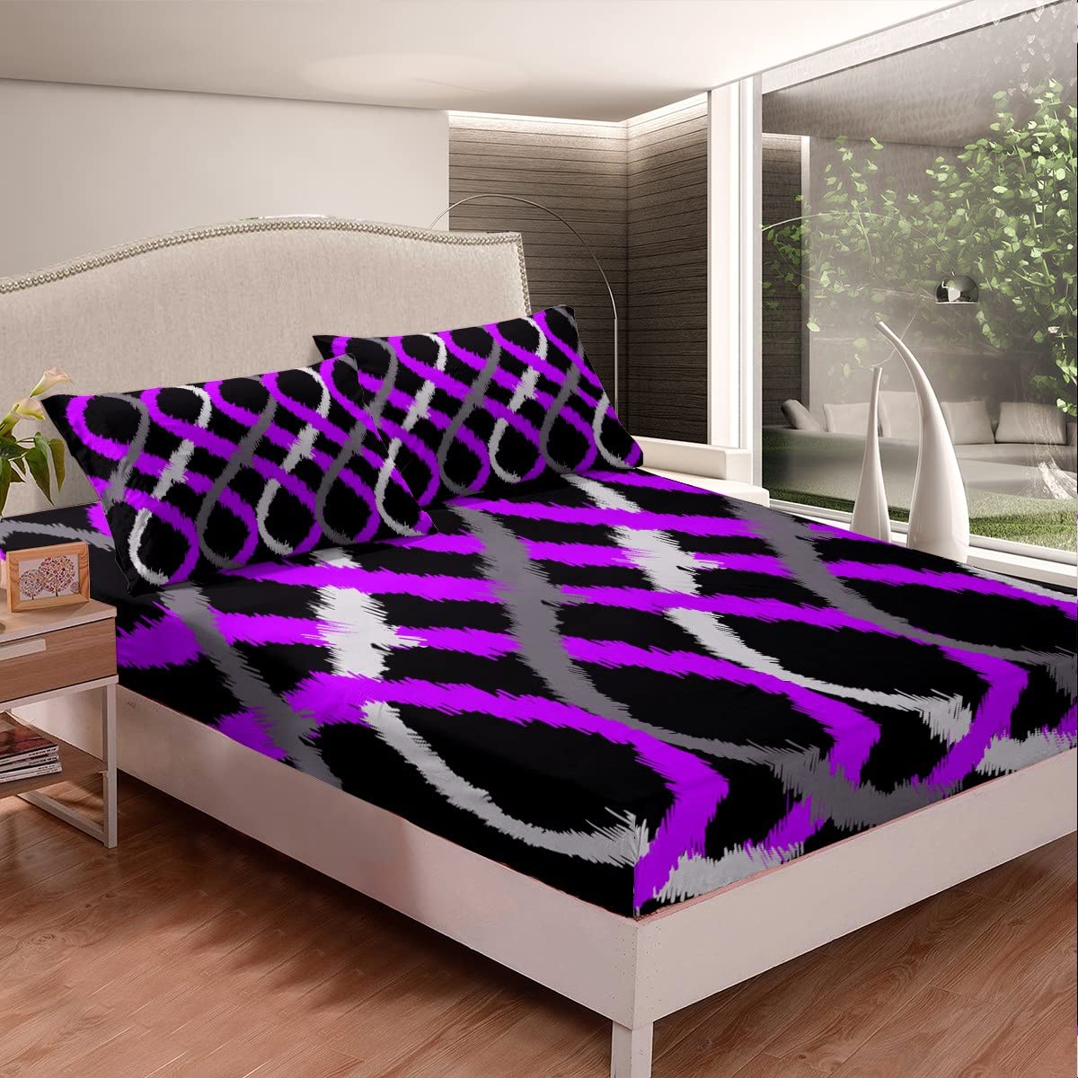 Juego de sábanas geométricas de dos tonos con sábana bajera ajustable de bolsillo profundo, color morado y negro, juego de sábanas de remolino geométrico, juego de ropa de cama retro a rayas, juego d