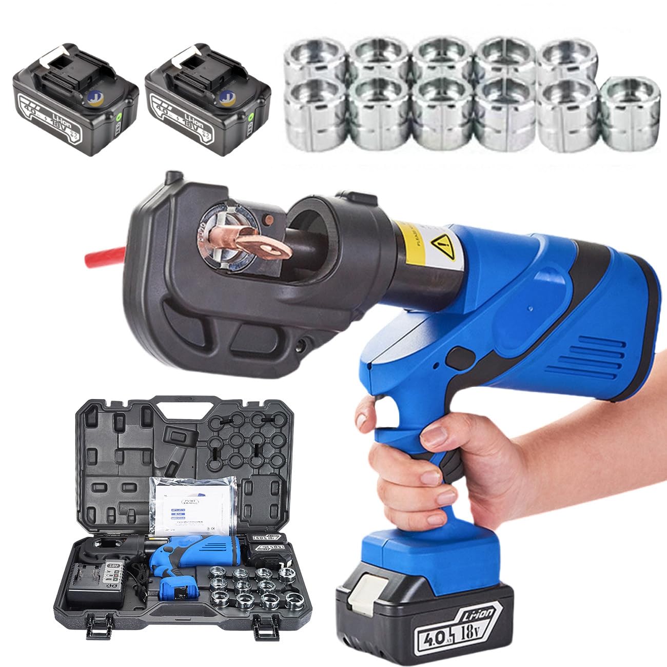 Capicorda elettrici Professionale EZ-400 Crimpatura Continua 16-400 mm² con 12 stampi, per terminali in Rame e Alluminio, Doppia Batteria 18 V 4,0 Ah, crimpatura Rapida 3-6 s