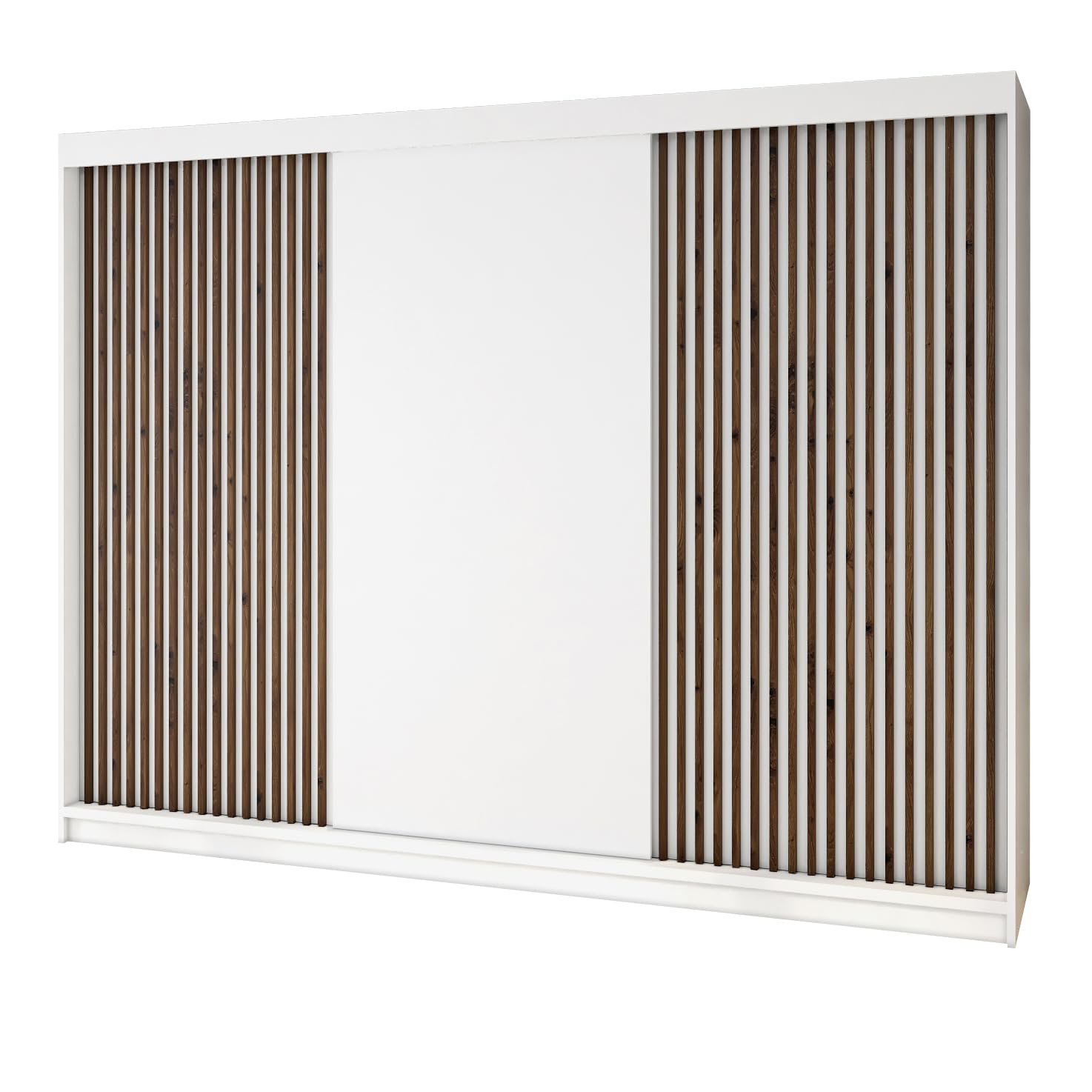 A&J MöbelLand Schwebetürenschrank IOSA Kleiderschrank 3-türig mit 4 Schubladen & 3D Lamellen, Garderobe 200 cm (Weiß/Weiß/Weiß/Weiß)