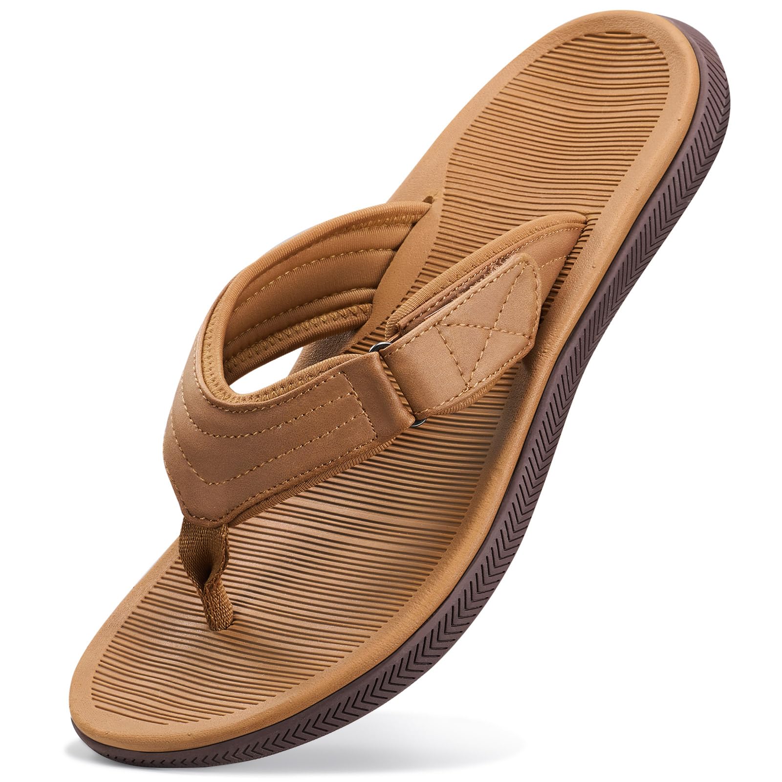 ZURIN Beach Flip Flops for Men, Rubber Mens Sandals with Arch Support, Waterproof Leather Thong Sandals Slip On with Adjustable Straps Soft Cushion Footbed Summer Indoor Outdoor