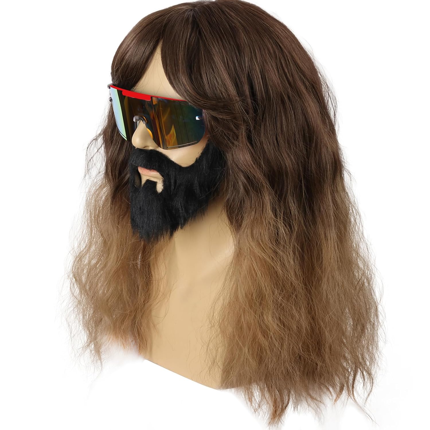 Brown Wavy Ombre Wig with beard Glasses Glaove Pants Chian for Men Halloween Cosplay Accessories