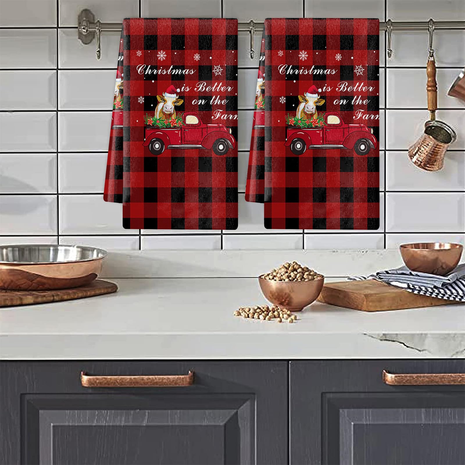 Trapos Cocina Vaca Navideña Roja Paños de Cocina Suaves y Absorbentes Paños Cocina Reutilizables Trapos de Cocina para Secar Toallas Lavable Toallas de Barra 2 Piezas (44x74 cm)