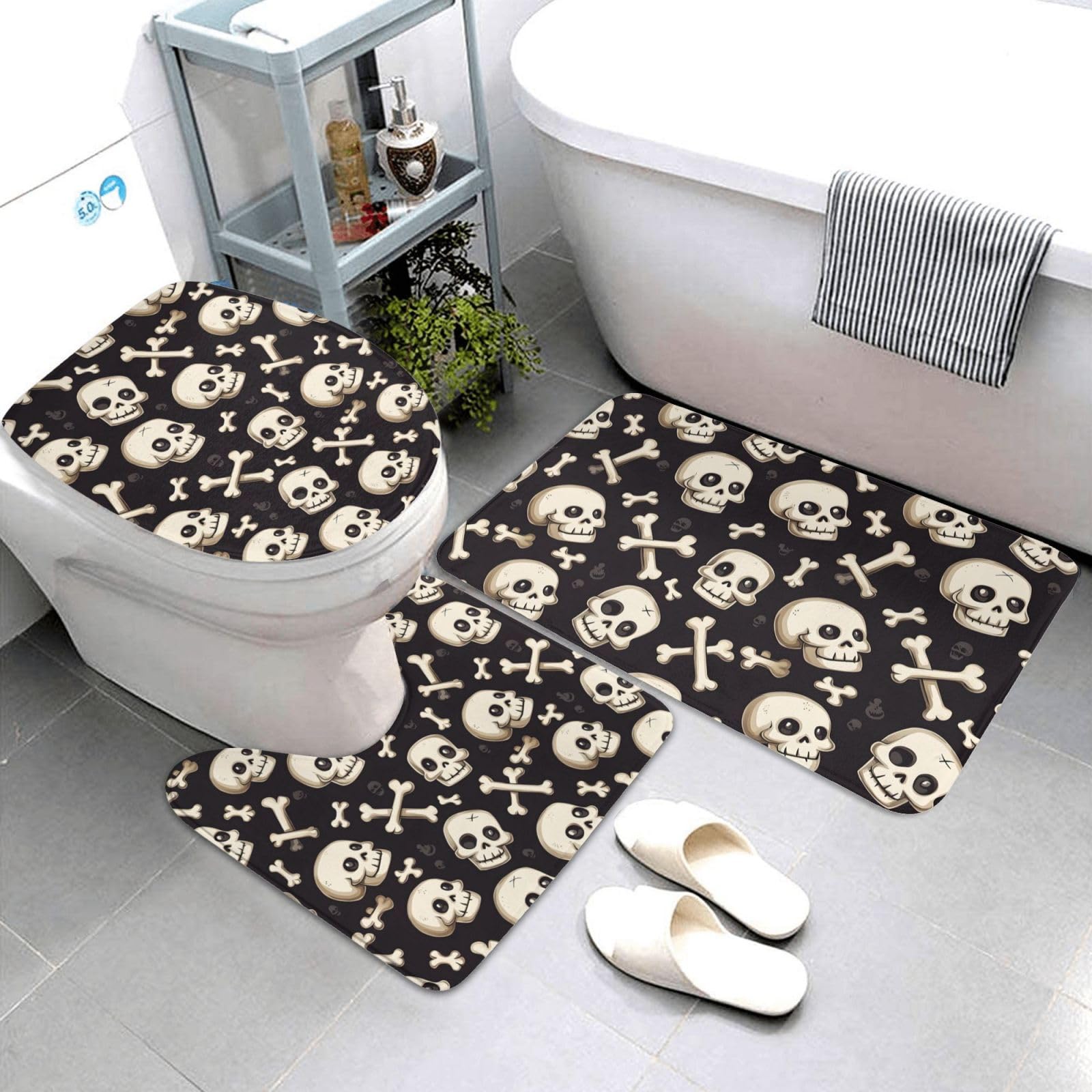 Tapis de salle de bain tête de mort lot de 3 avec contour U et housse wc