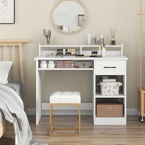 Miniatura 22 de Escritorio para computadora con cajones, mesa de estudio con estantes de almacenamiento, bandeja para teclado, mesa de tocador de maquillaje de