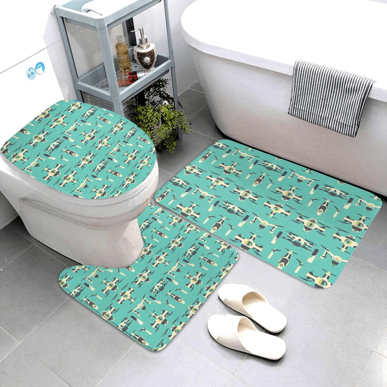 Tapis de salle de bain lot de 3 imprimé drone blanc et doux
