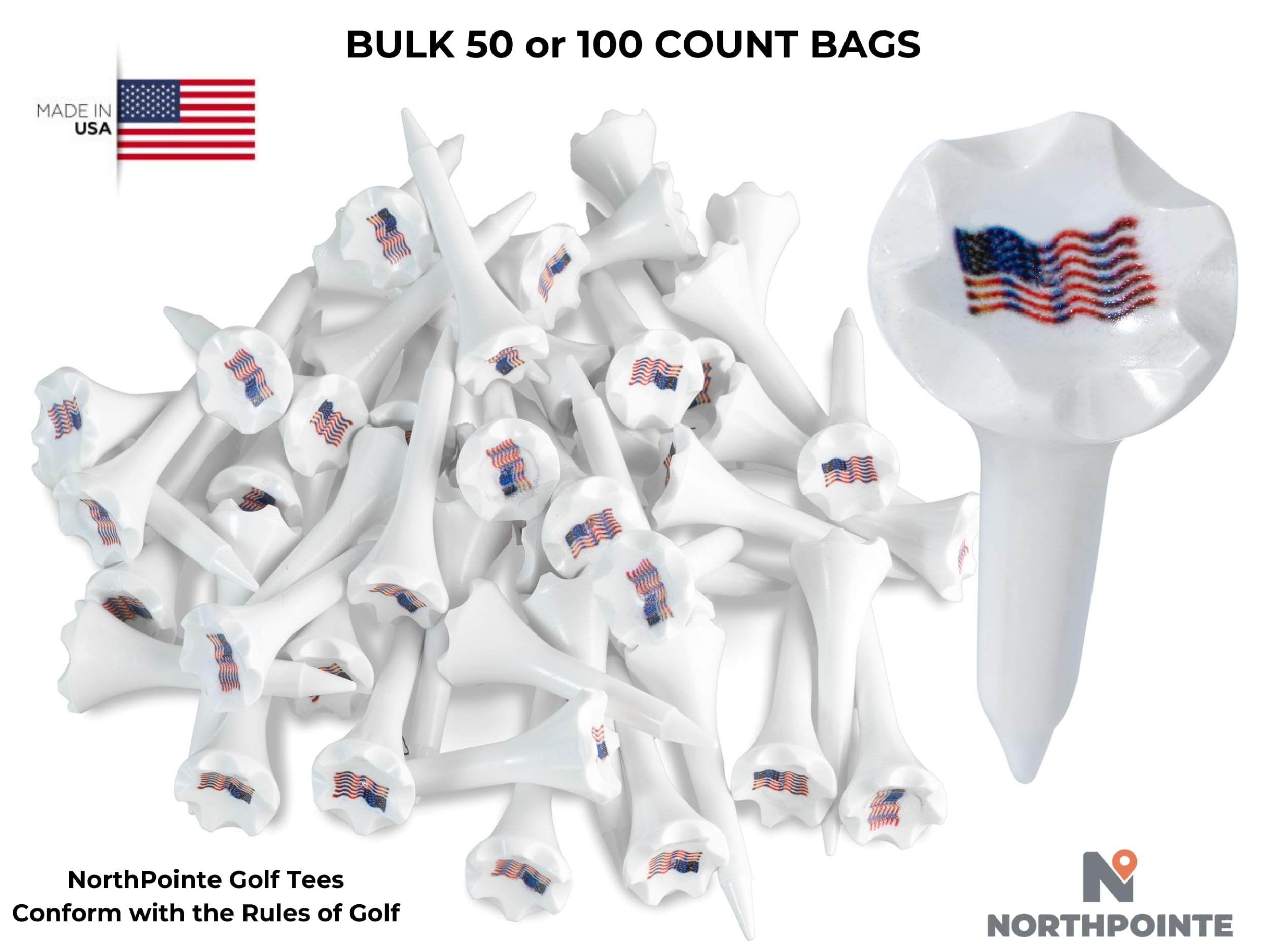 NorthPointe Golf-Tees aus Kunststoff, 3,8 cm – kurze Tees für Eisen, Par Threes, Hybrids und Driving Range – Packung mit 50 oder 100 Stück Bulk in gut sichtbarem weißem, langlebigem Kunststoff (50,