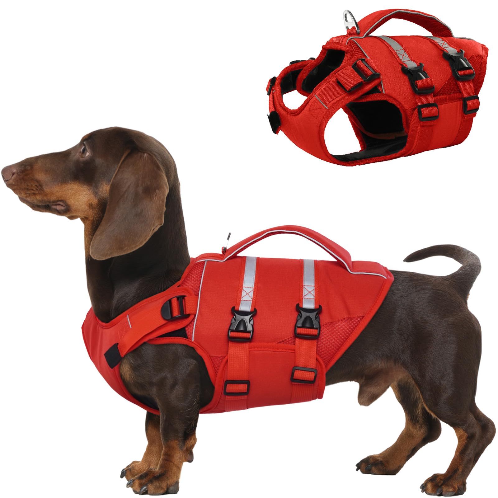 Kuoser Chaleco salvavidas para perros pequeños, chaleco salvavidas para perros con asa y reflectante, chaqueta de flotabilidad ajustable para perros, chaleco flotante para perros pequeños con