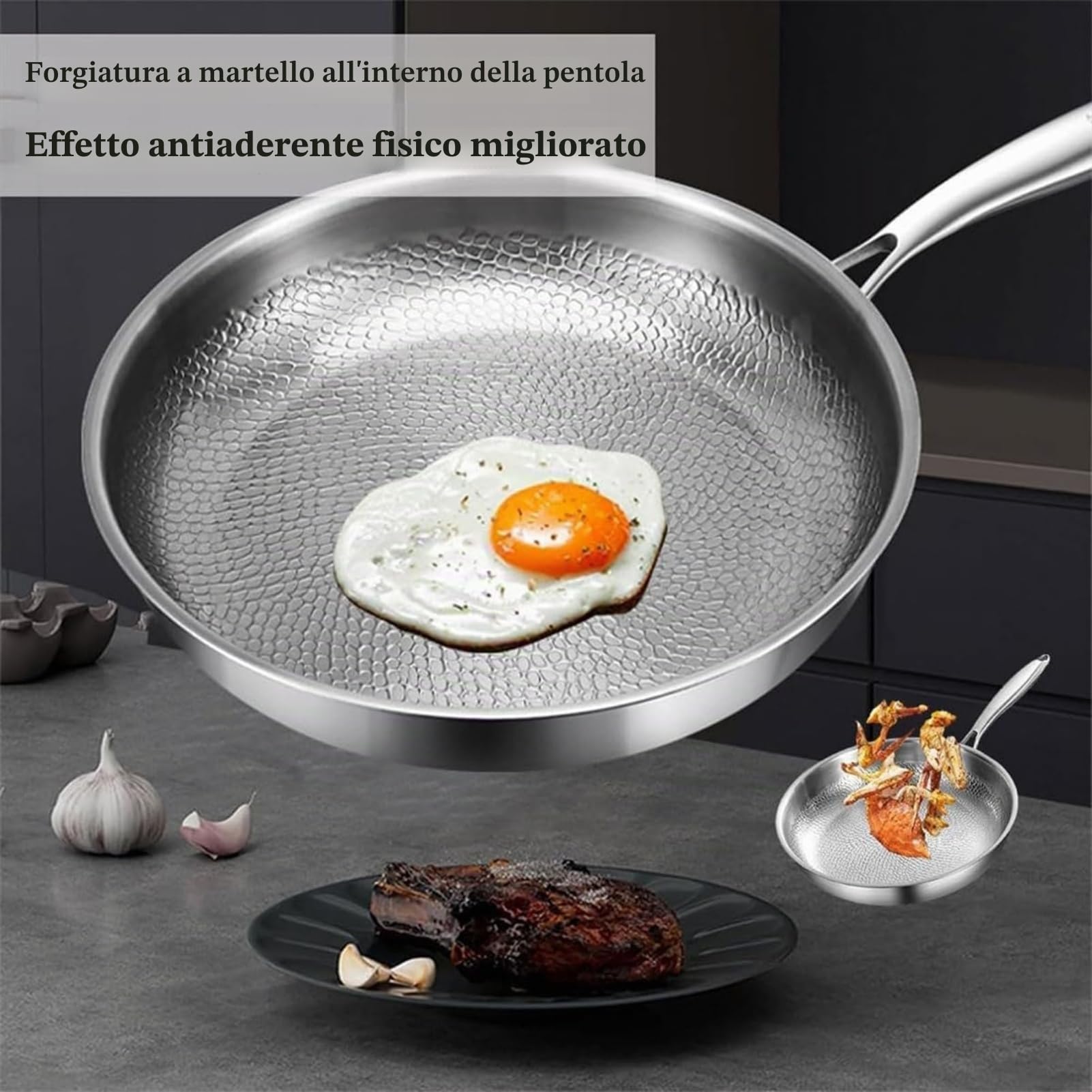 Siraats Titanium Pan Pro, padella martellata in titanio, multifunzione, ultra resistente, antigraffio, antiaderente, per fornelli a gas ed elettrici a induzione (con coperchio, 28 cm)