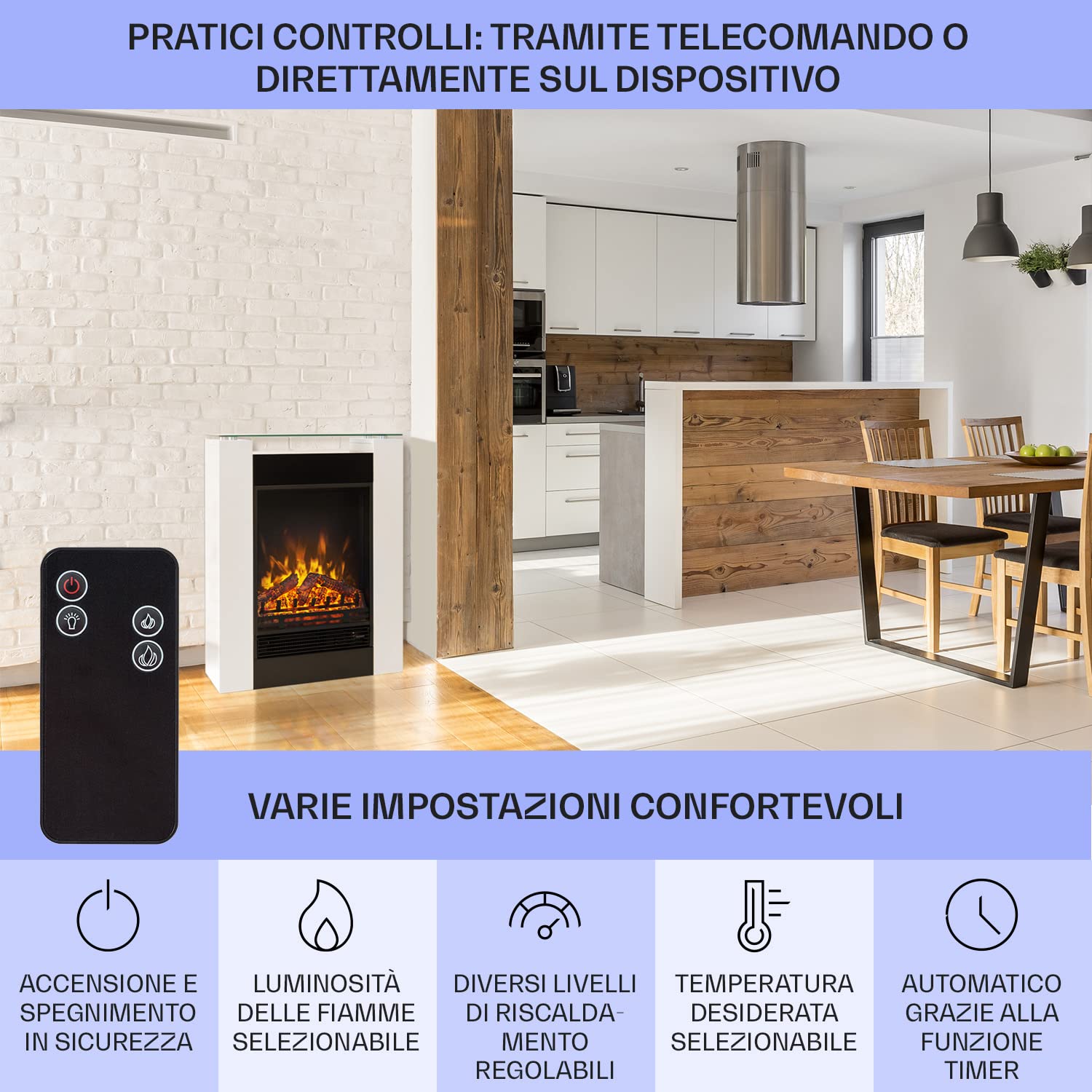 Klarstein Camino a Riscaldamento Elettrico, Caminetto Finto 1800 W a Basso Consumo, Fuoco LED, Spazio per Legna, Termocamino con Telecomando, Termostato e Timer