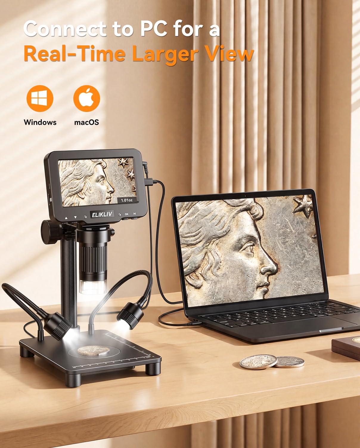 Elikliv Microscopio con bilancia di pesata, lente d'ingrandimento digitale per monete di errore, lente d'ingrandimento per gioielli con luci, schermo LCD da 4,3 pollici, fotocamera da 12 MP, video USB