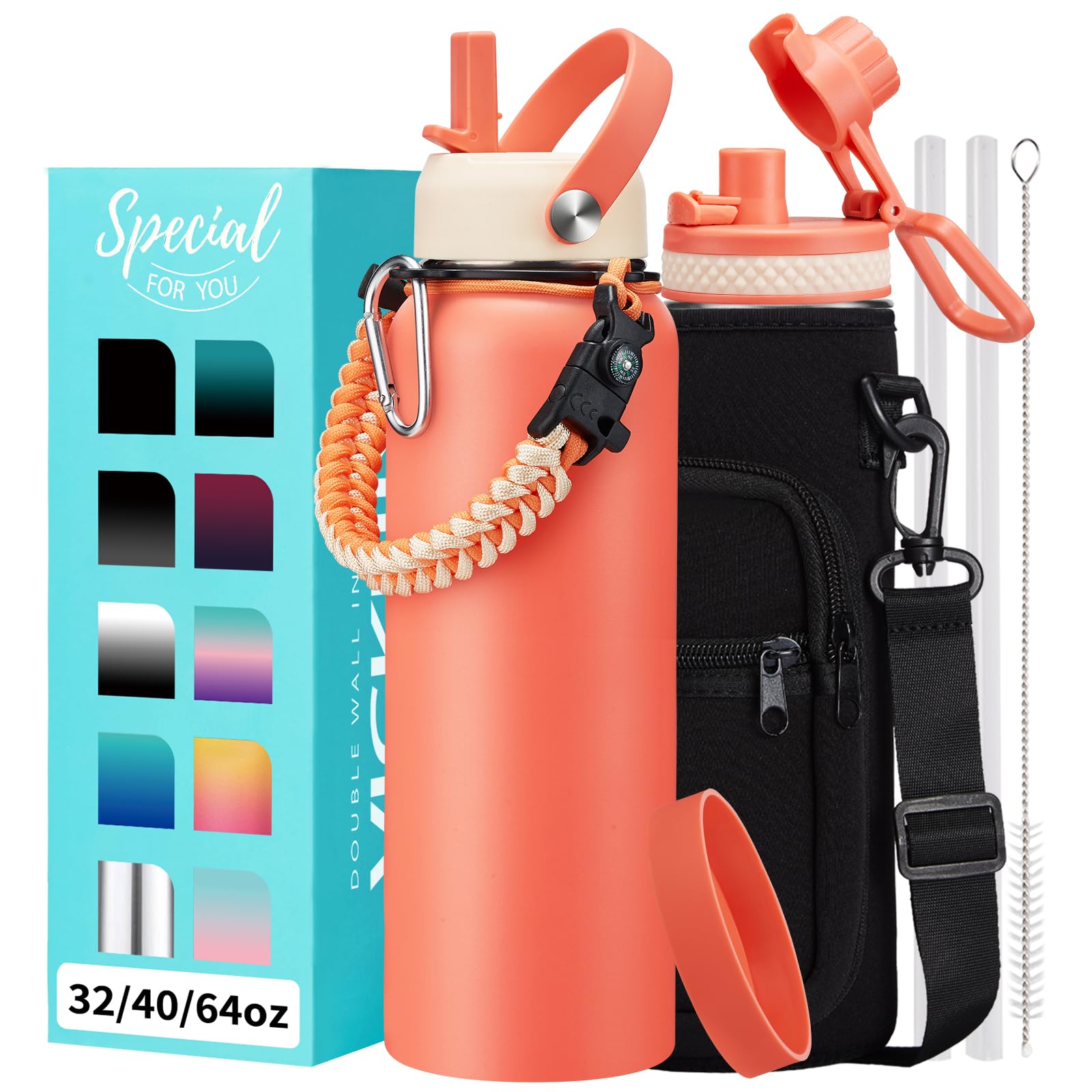 40 oz Insulated Water Bottle - (Cold 48H) Metal Water Jug with Straw & Auto Spout Lids, Leak Proof Coldest Stainless Steel Flask with Carrying Pouch,