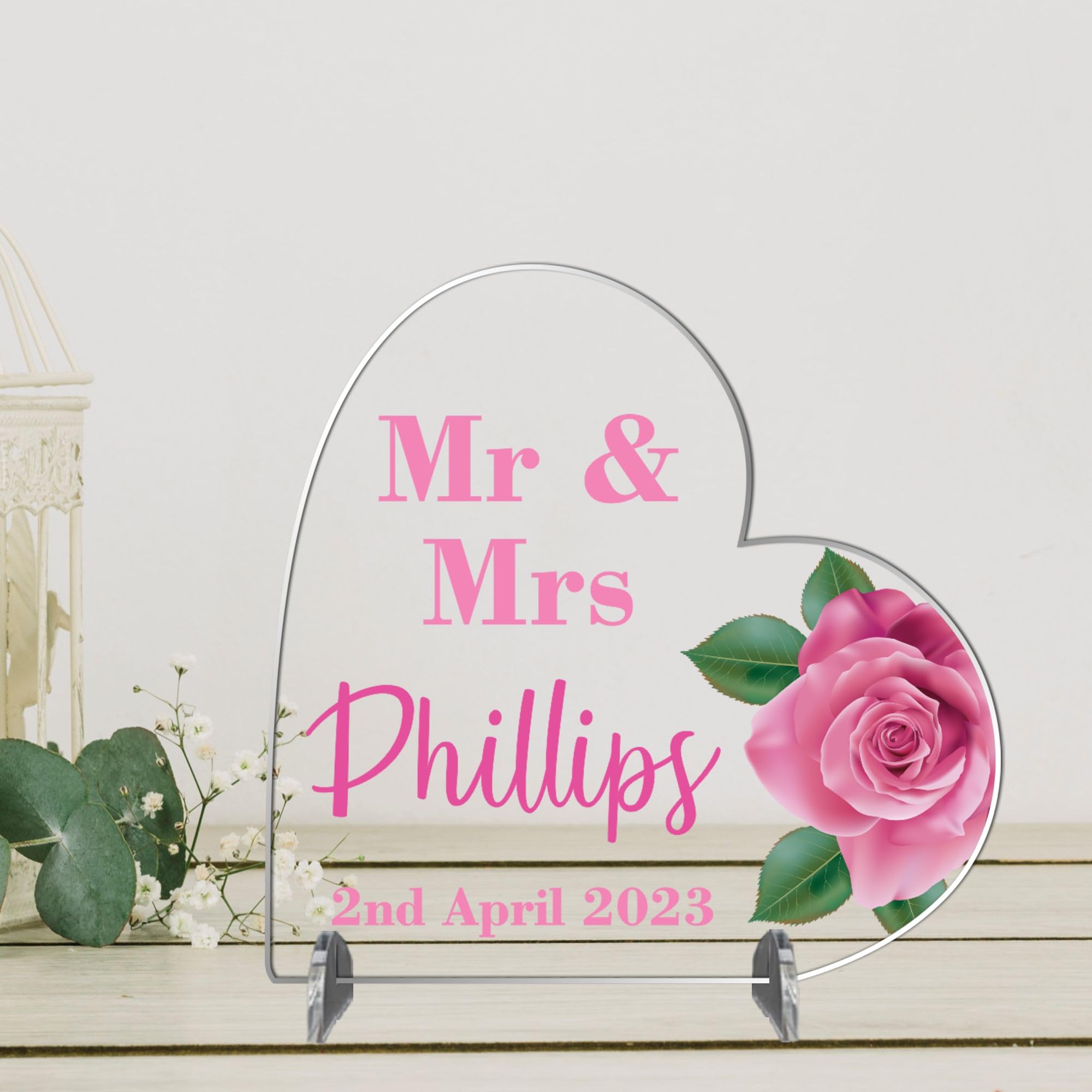 Pixie's Gifts Personalised Clear Acrylic Wedding Plaque with Stand: Custom Keepsake for Couples - Perfect for Wedding or Anniversary (Acrylic 8.5cm x 8.5cm, Pink Rose)