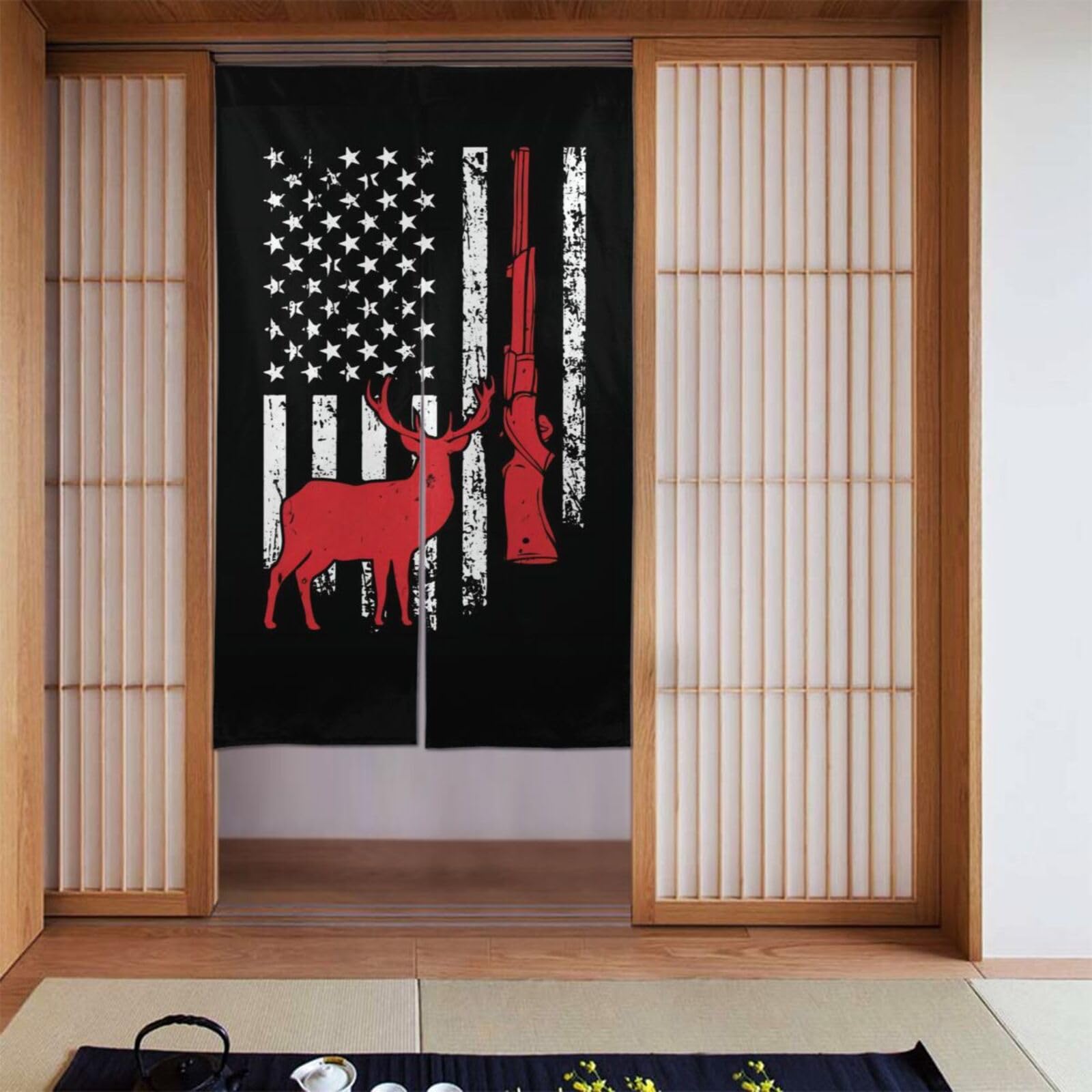 Lukiyys Hunting Deer American Flag with Gun Door Curtains,Doorways Curtains for Windows,Bedroom Divider 34"X 56"