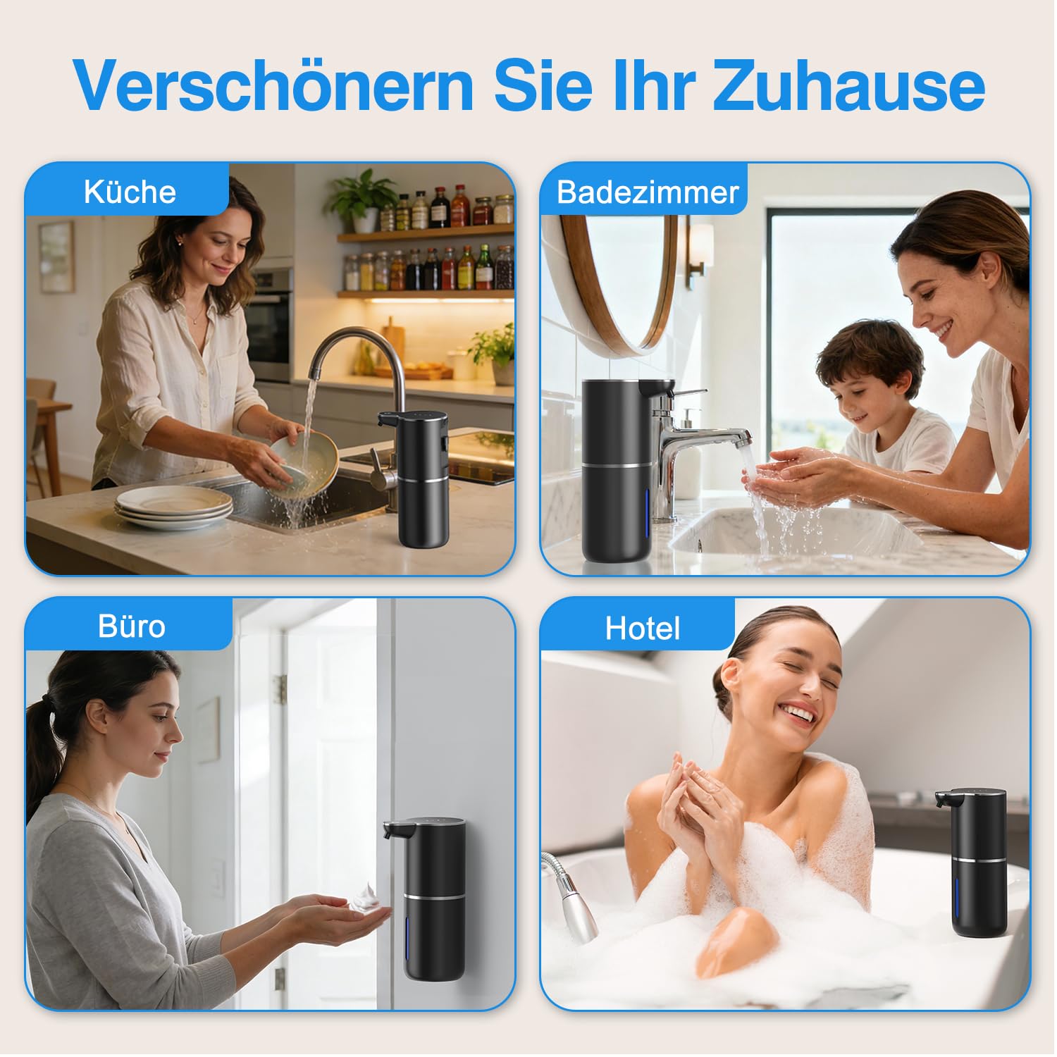 Automatic Soap Dispenser for Foam, Non-Contact with Sensor, 380 ml Wall Mounting, USB Rechargeable, IPX5, 4-Level Adjustable Electric Soap Dispenser for Bathroom and Kitchen, Black – Bild 9