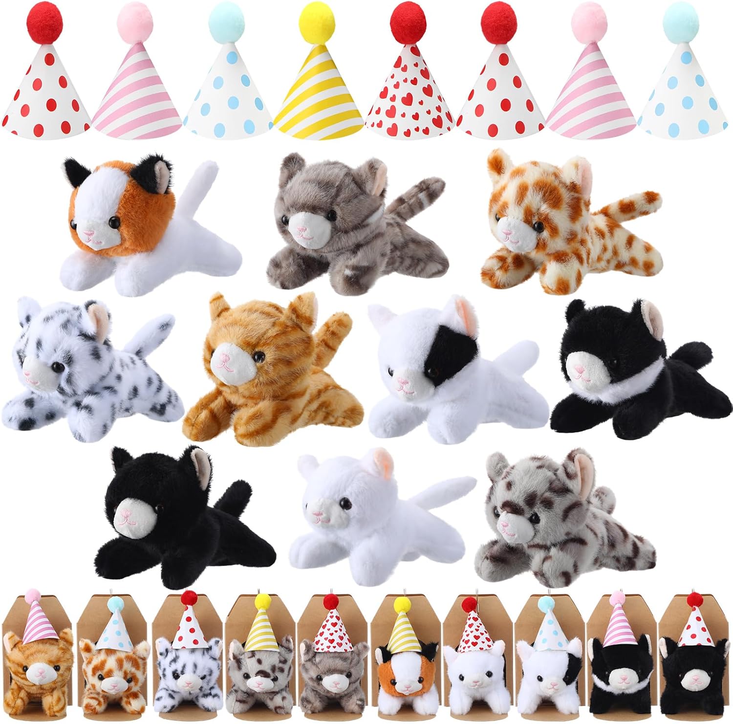 10 Set Kittens Stuffed Animals Bulk with 10 Birthday Hats 10 Kraft Paper Boxes Mini Plush Toys Small Stuffed Cat Pet Gifts for Kids, School Birthday Animal Decor(Prone Style)