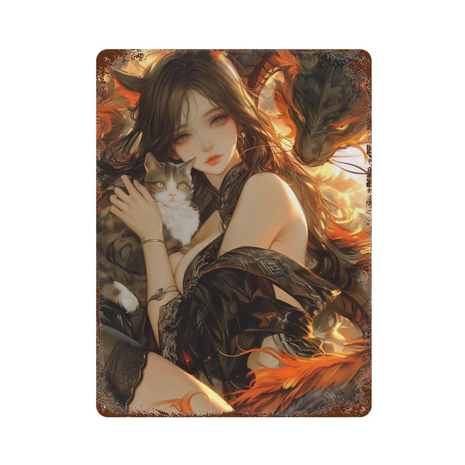 Fantasy Artwork Dragon, Cat, And Woman Vintage Rust Metal Sign 15.7"x11.8", Classic Wall Plaque for Garage, Pub Or Kitchen