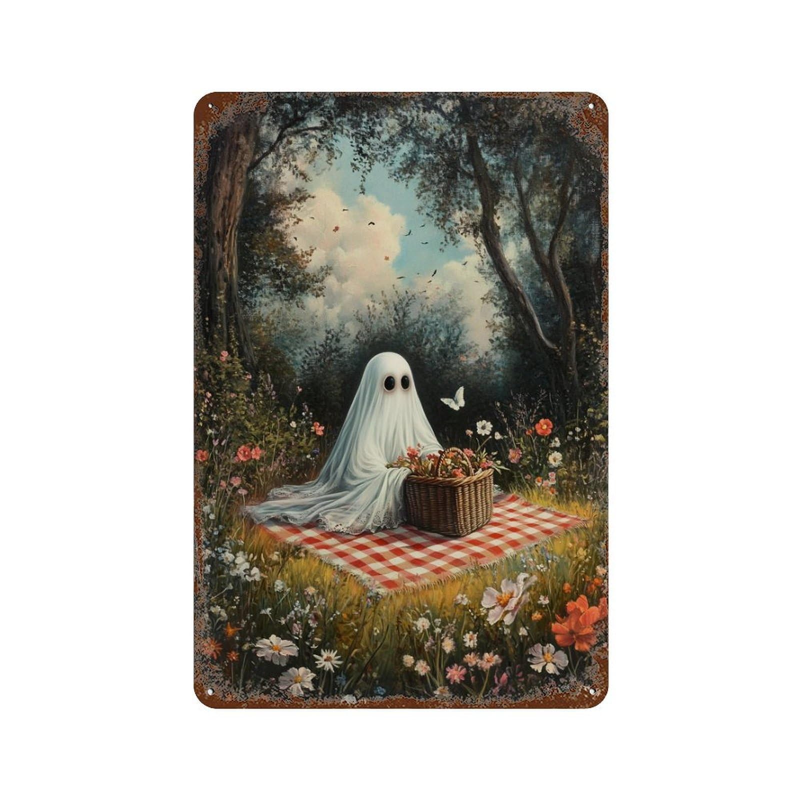 Garage Style Ghost in The Garden Aged Metal Wall Plaque 11.8"x7.9", Novelty Wall Decor for Bar And Workshop