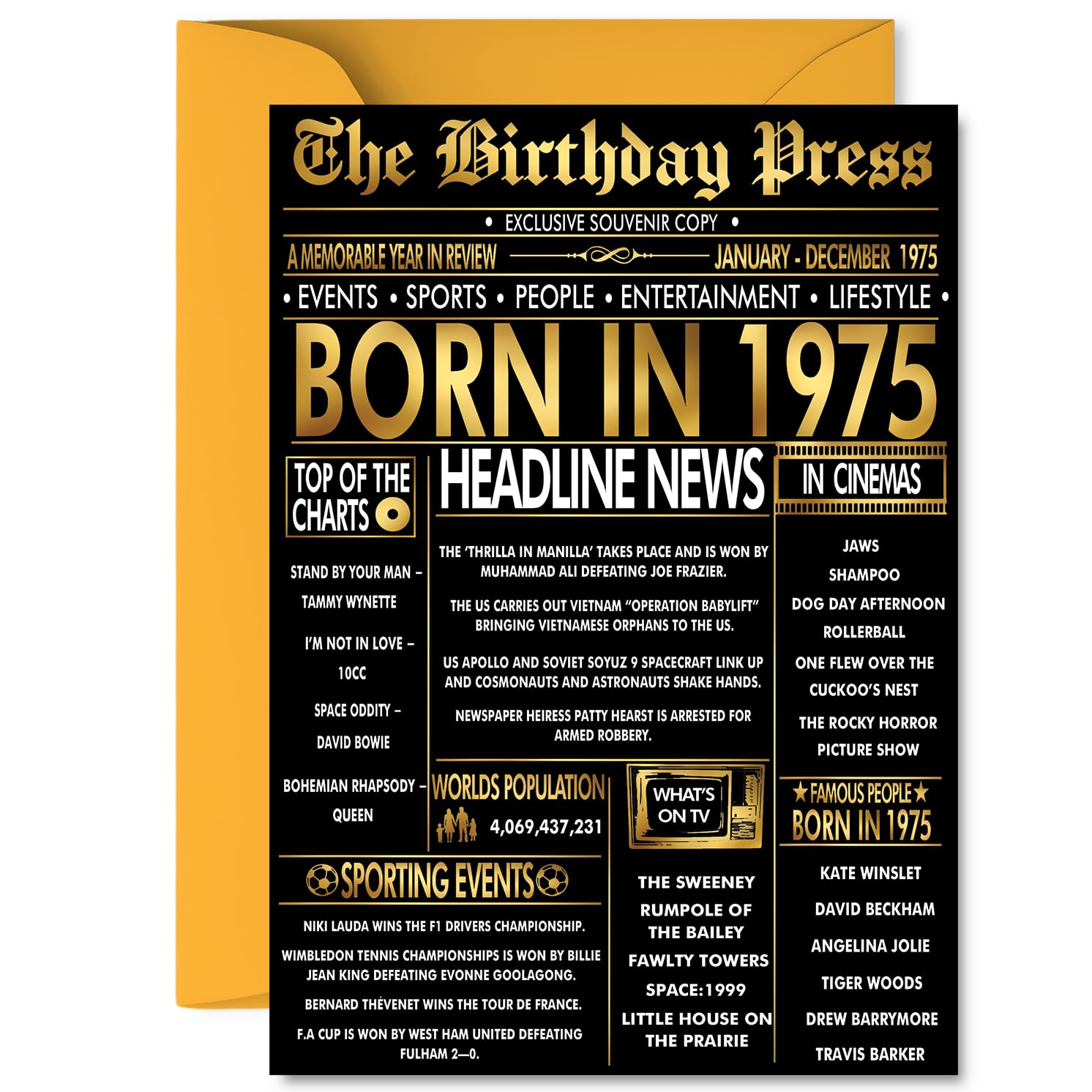 Gold 51st Birthday Card for Men Women - Black & Golden Newspaper Born in 1975 - Happy 51 Birthday Cards for Cousin Son Dad Wife Nanny Grandad, A5 Bday Greeting Cards