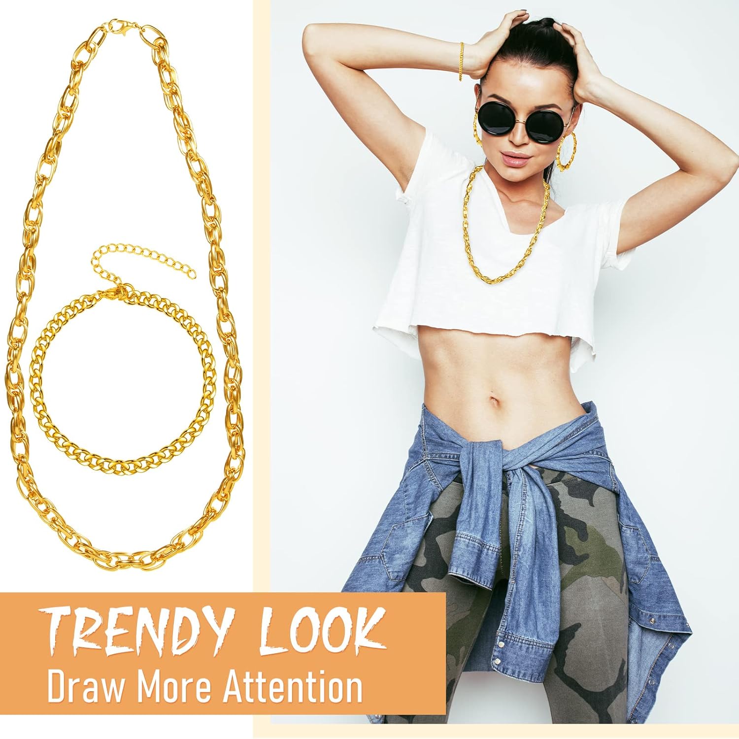 4 Pcs 90s Jewelry Accessories for Women Hip Hop Costume Kit Big Hoop Earrings Set Necklace Bamboo Pendant Cuban Chain Necklace Bracelet for Women Rapper(Cool Style) - Image 6