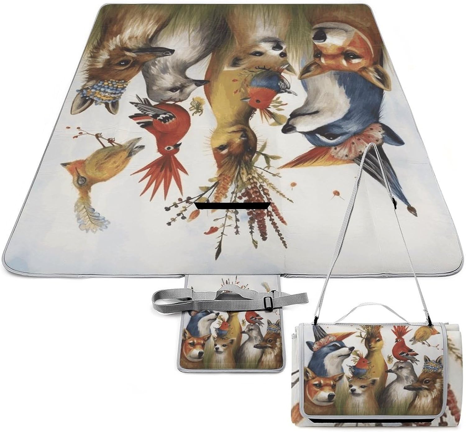 Animal Party Waterproof Picnic Blanket 58.3''x58.3'',Portable and Foldable Picnic Mat with Handle,Outdoor Blankets for Lawn Park Beach Travel