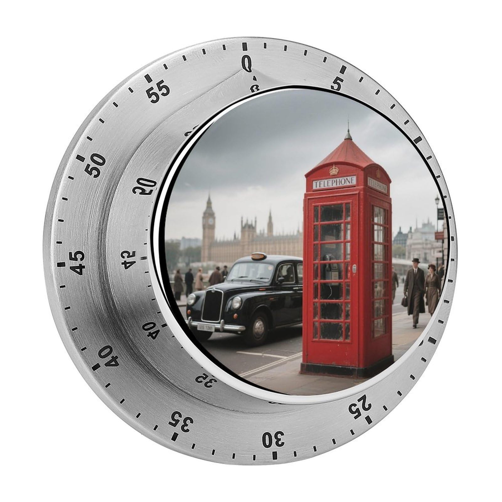 60 Minute Wind Up Timer, Visual Mechanical Timer with Loud Alarm, Red Telephone Booth Kitchen Timers for Cooking - No Batteries Required - Magnetic Backing, Exquisite Stainless Steel Body