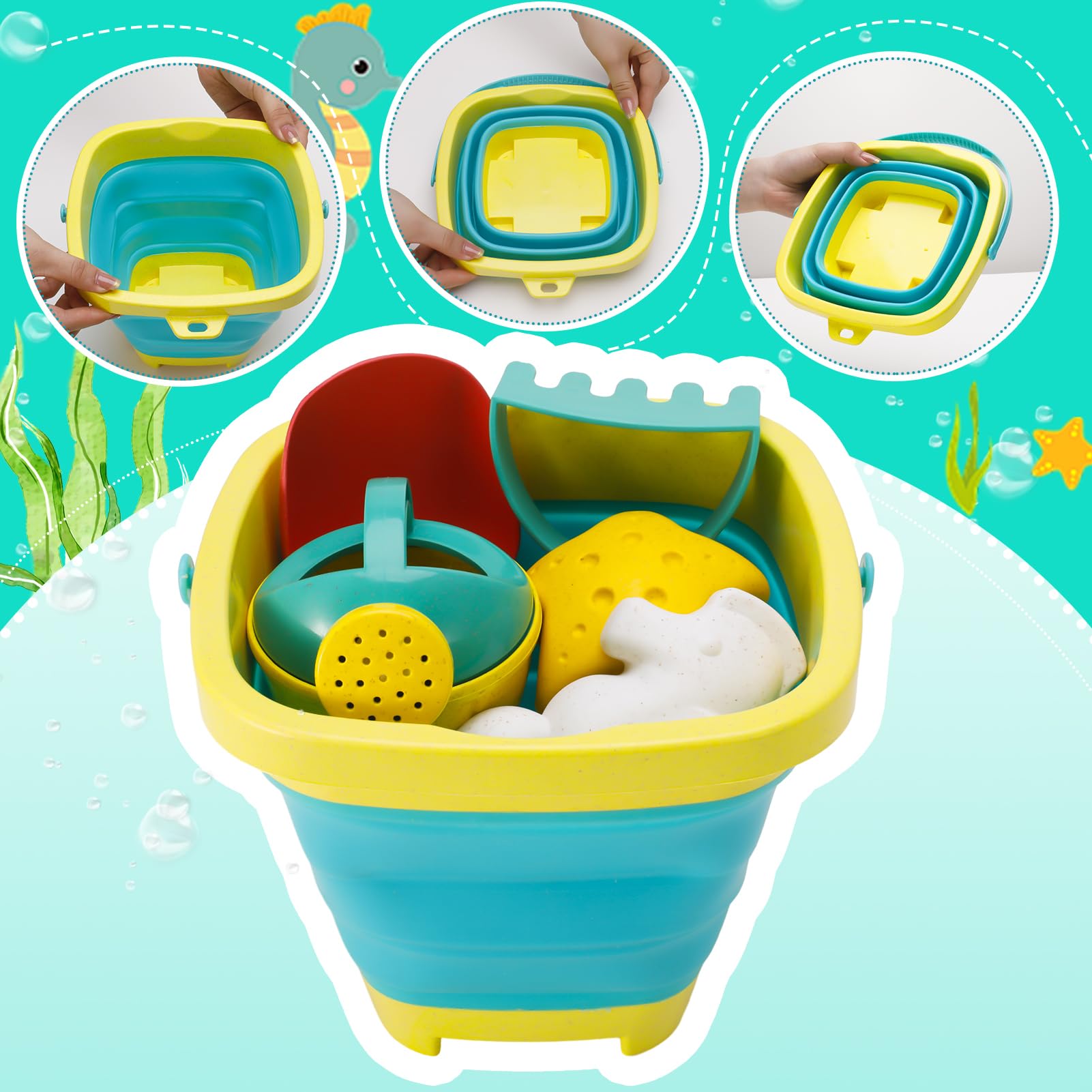 Kids Beach Toys Foldable Beach Bucket And Spade Set Seahorse and Starfish Molds Sand Shovels Watering Can with Mesh Bag Sand Toys For Kids Boys Girls - Image 4