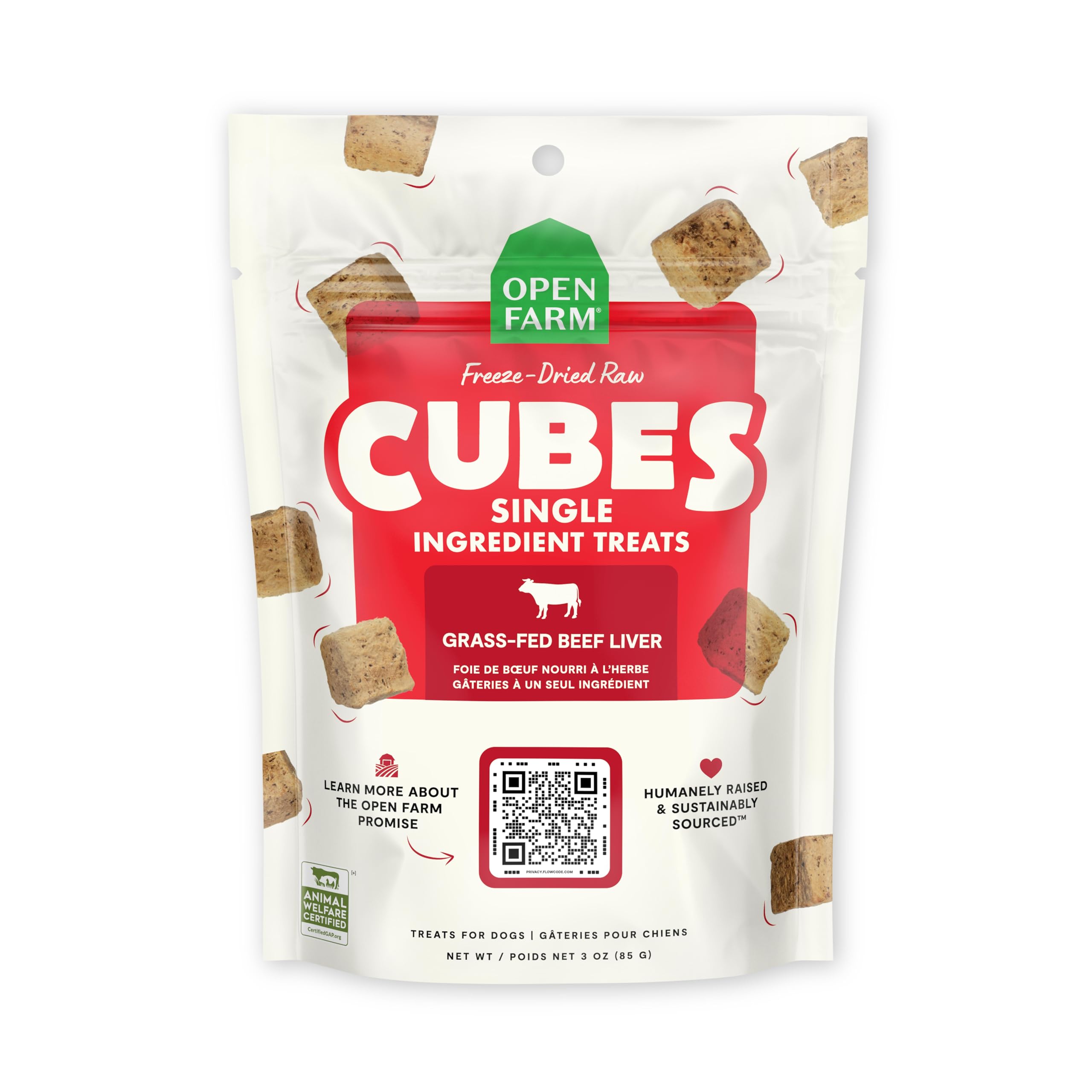 Open Farm Cubes, Freeze-Dried Raw, Single Ingredient Dog Treats, Beef Liver, 3oz Pouch