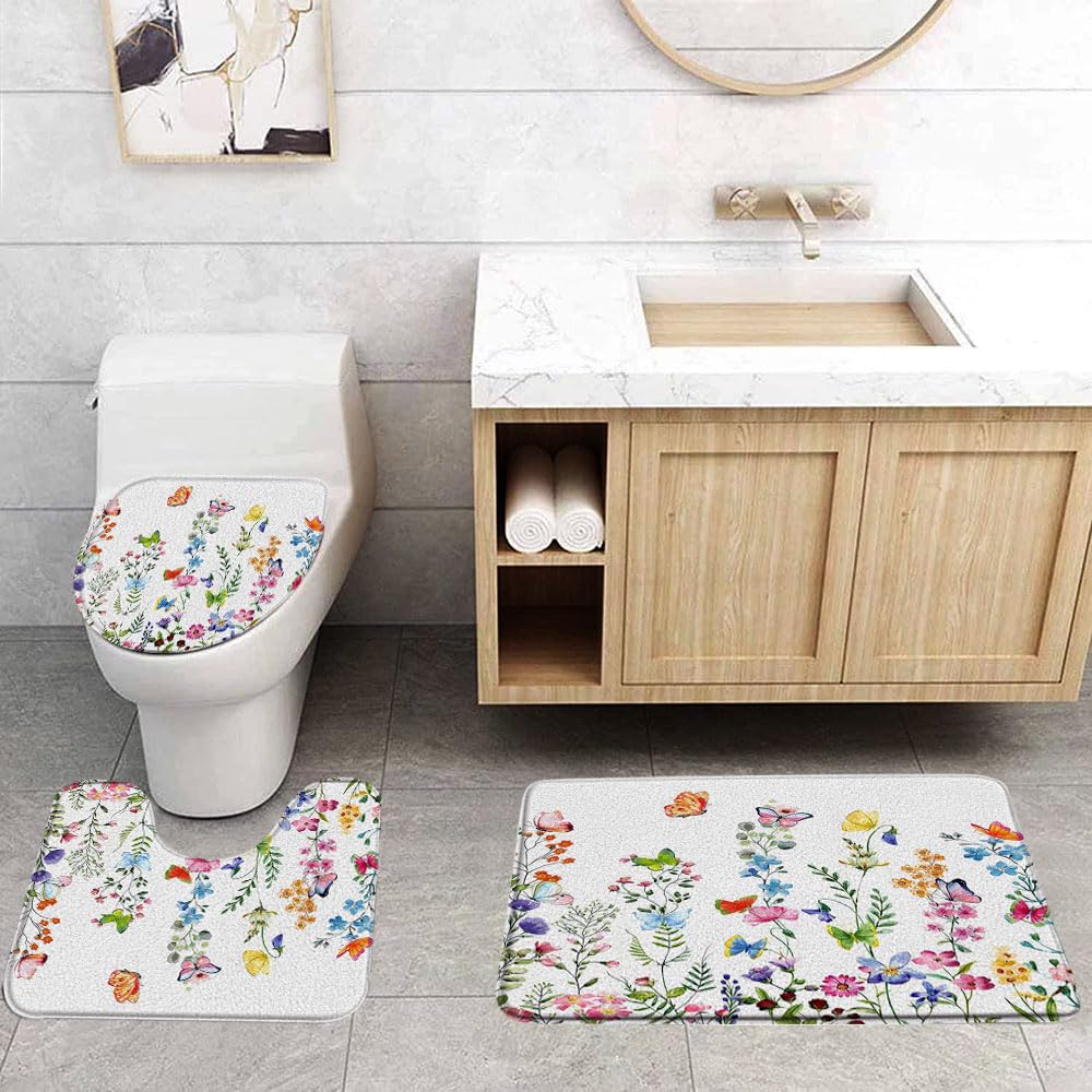 Floral 3 Pcs Bath Rugs Set,Watercolor Wildflower Butterfly Rustic Flower Botanical Boho Nature Colorful Spring Bathroom Kitchen Rug with 17.8