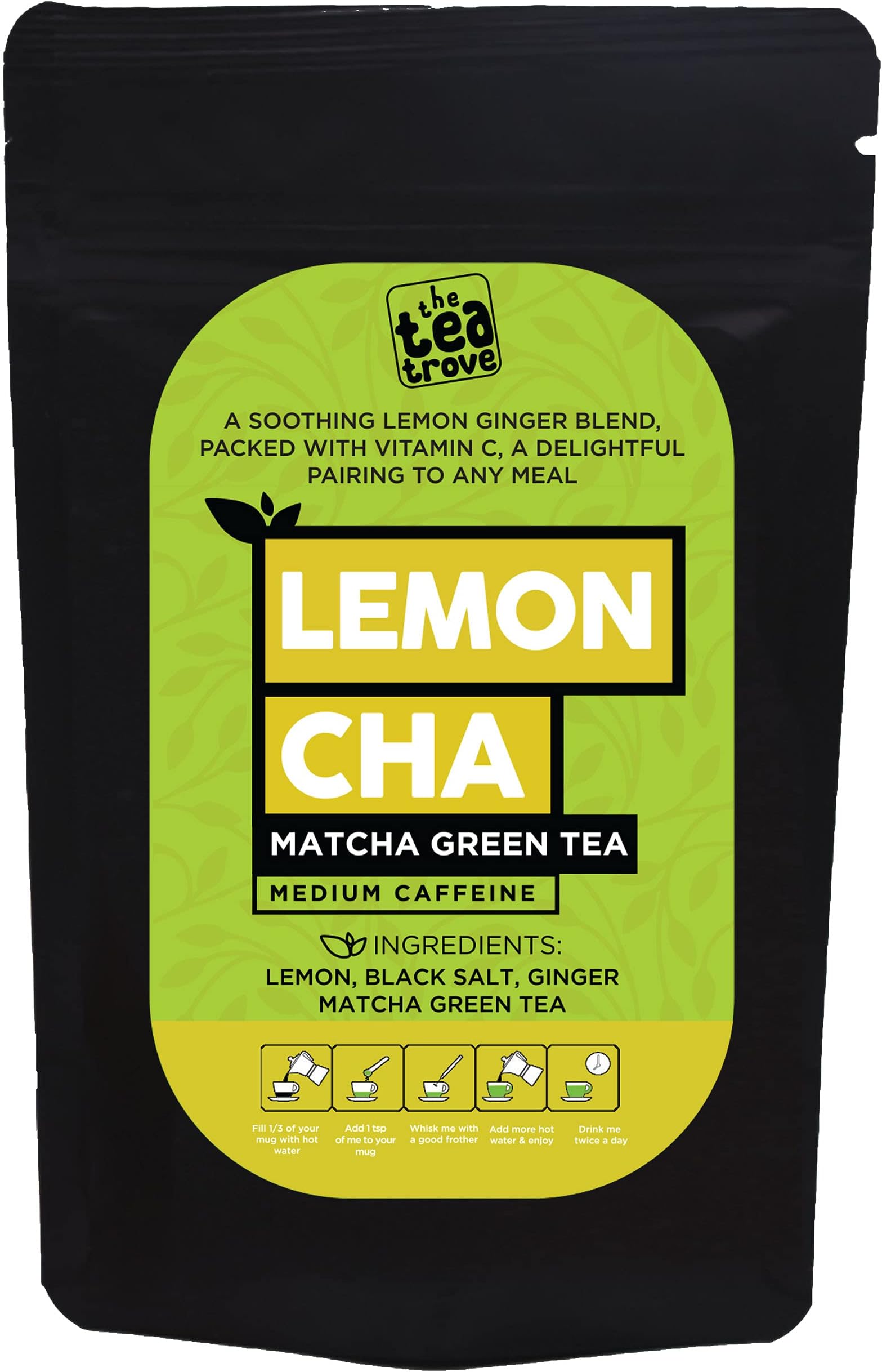 The Tea Trove Matcha Green Tea Powder for Weight Loss (100g) - Lemon, Ginger, Matcha tea with Black Rock Salt for Athletes & Sports Performance, Instant Desi Macha Tea, Lemon Green Tea Detox (40 Cups)