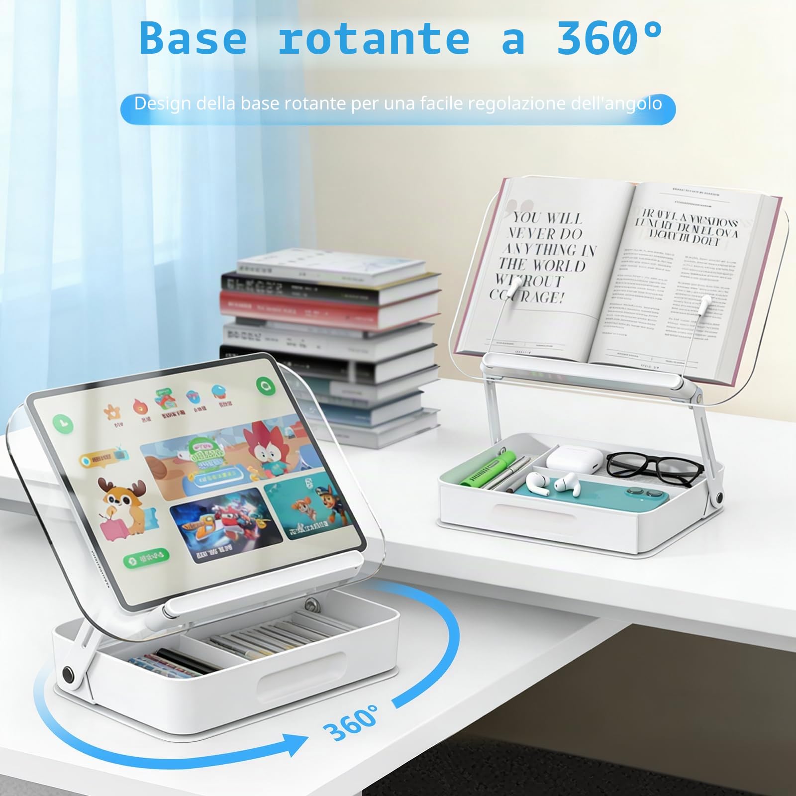 Leggio per Libri con Base Girevole a 360°, Pieghevole Supporto Tablet Supporto Libri per Lettura, con Scatola di Immagazzinaggio, Perfetto per Libri, Cuochi, Spartito, Tablet