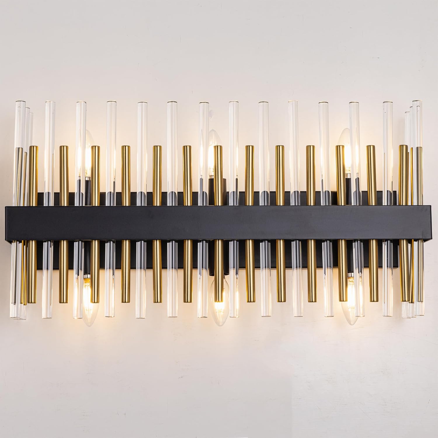 Wellmet 6-Light Bathroom Vanity Light Fixtures, 24.5" Modern Black Gold Vanity Lights with Glass and Metal Rods, Farmhouse Bathroom Wall Lamp for Bathroom, Mirror Cabinet, Powder Room, Bedroom