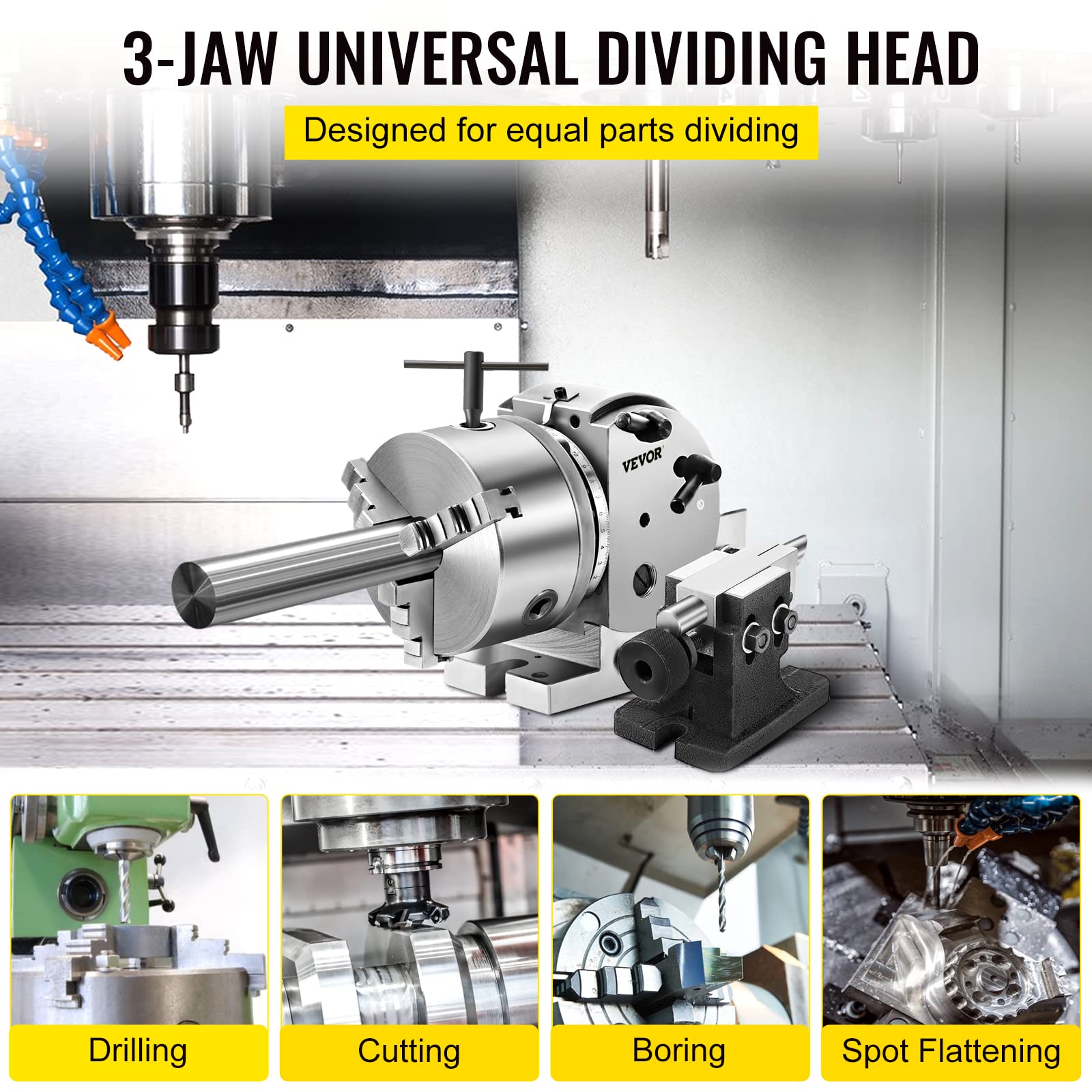 VEVOR MT2 Teilapparat mit backenfutter, Rotary Tisch mit Indizierung Höhe der Mitte 101,6 mm, Dividing Head 23 kg, Rotary Tisch mit Tellern, Eine Starke Unterstützung zu Bearbeitenden Werkstück