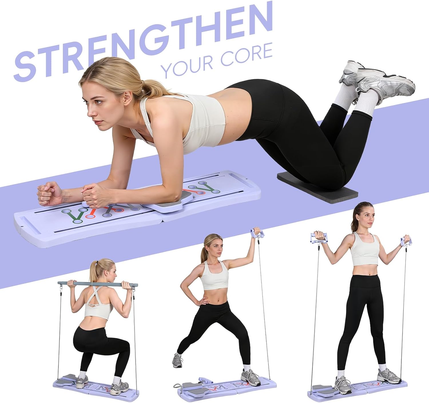 HEVIRGO Foldable Pilates Board – Supports 300lbs, 15+ Exercises for Abs & Core Training, Core Trainer with Non-Slip Grip, Portable Pilates Reformer Kit for Home Workout, Purple