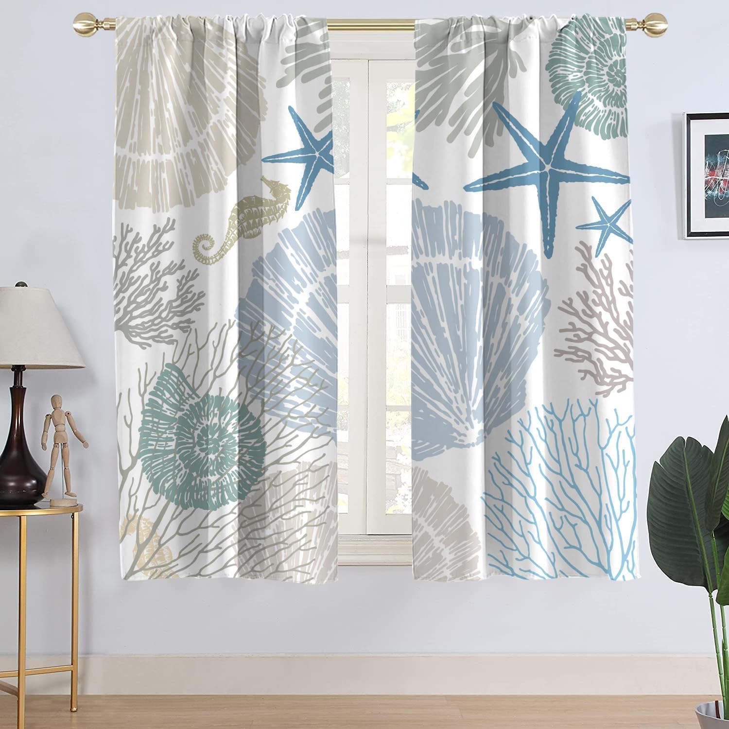 AAtter Coastal Window Curtain Nautical Beach Ocean Starfish Seashell Seahorse Conch Tropical Beachy Under The Sea Living Room Bedroom Drapes Treatment Fabric 1 Pair Home Decor, 42" W x 63" L, Modern