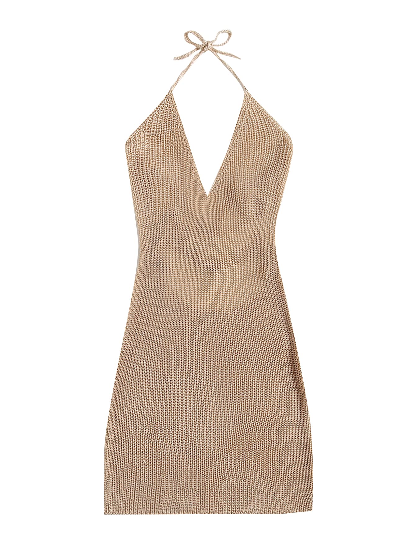 MakeMeChic Women's Sleeveless Halter Tie Back Knitted Swim Beach Cover Up Dress Apricot M