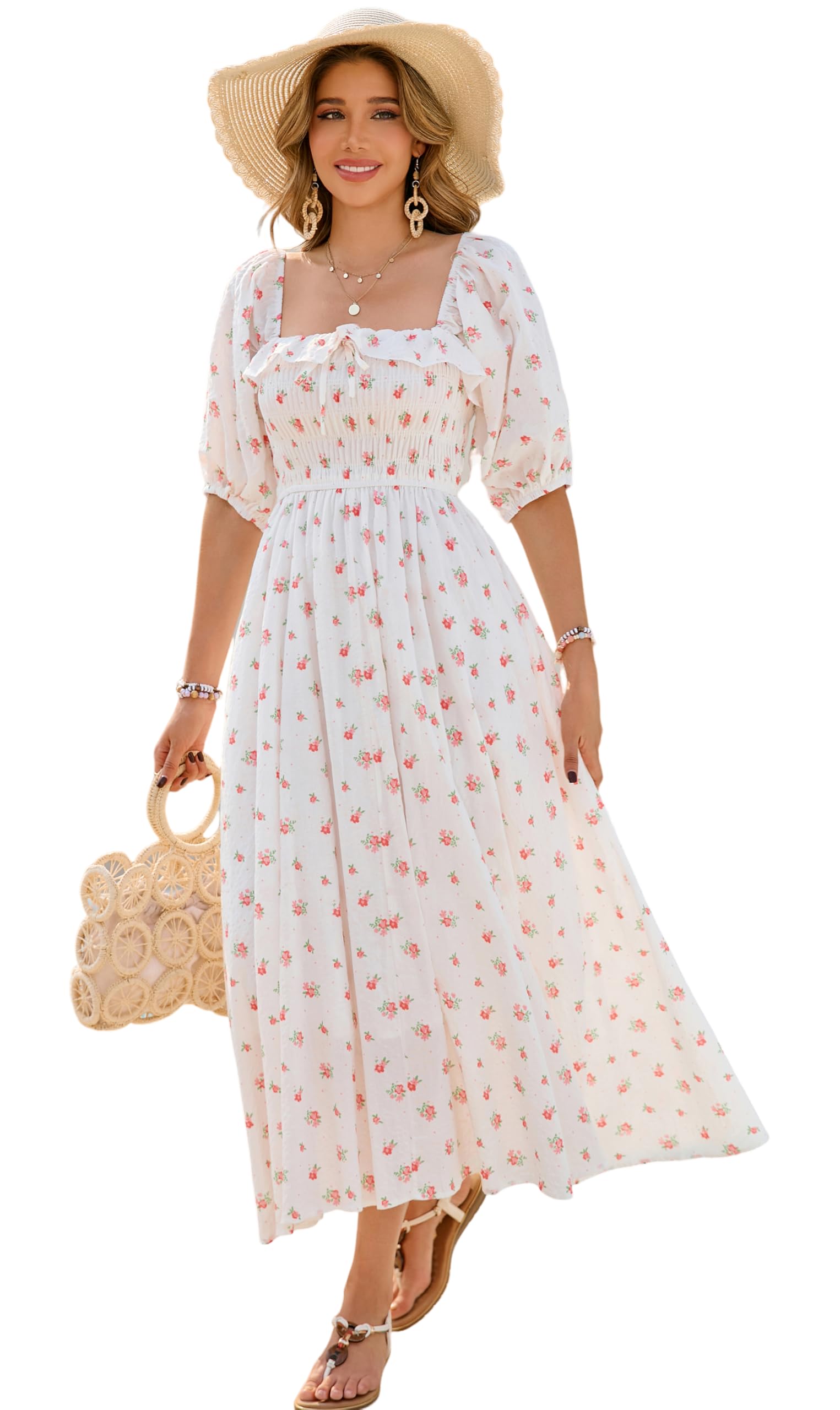 R.Vivimos Women Summer Cotton A Line Flowy Long Dresses | Half Sleeve, Ruffled, Vintage Elegant, Smocked Backless Dress, Maternity Shoot, Baby Shower, Casual Vacation Outfits