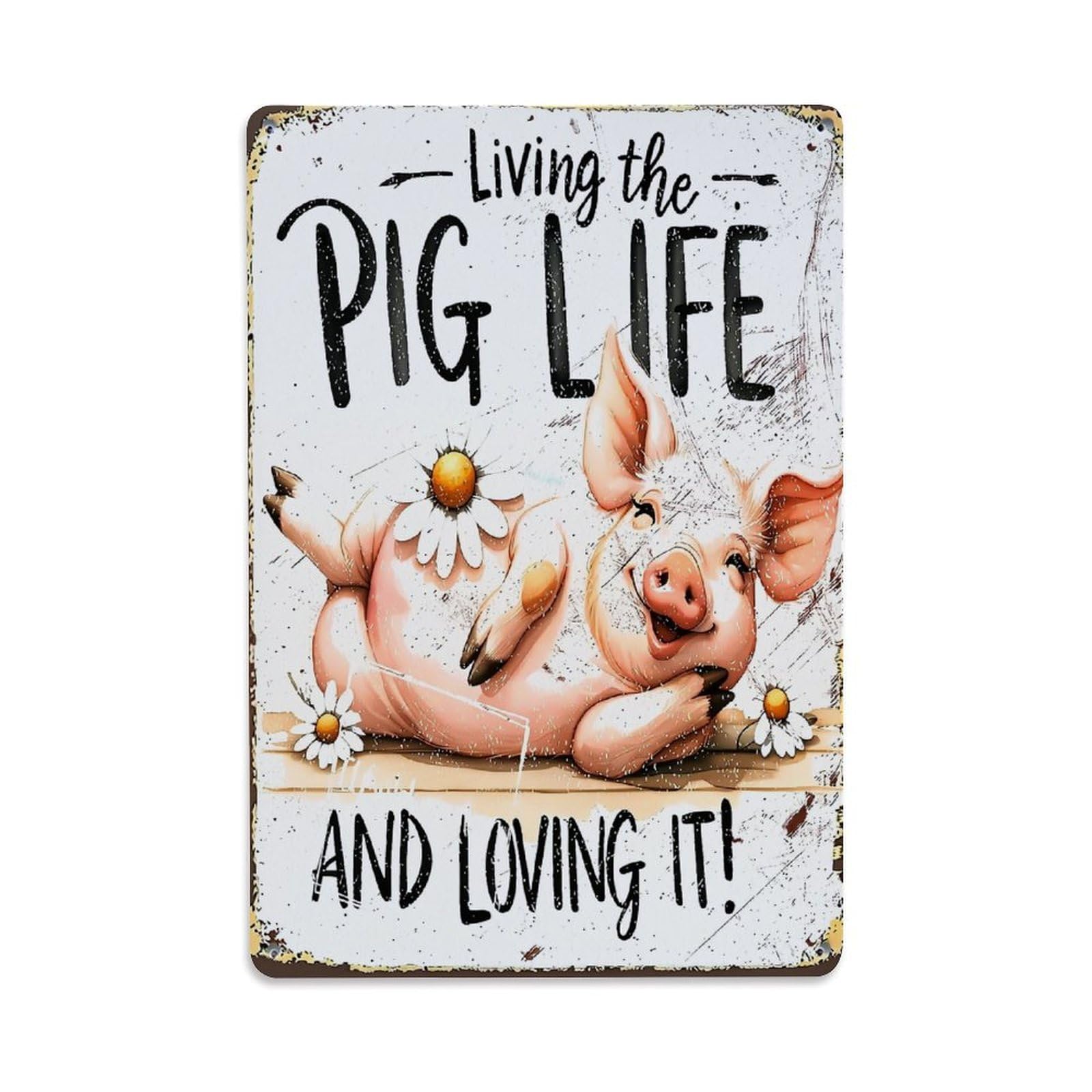 Jdfenggu Vintage Pig Lying Flowers Text Art Retro Metal Tin Sign, Decor Art Poster For Bar, Home, Man Cave, Kitchen, Laundry Room Gift 8X12inch