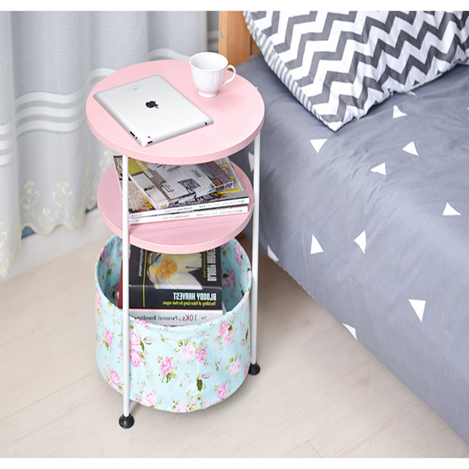 Amazon｜布製収納バスケット付きラウンドテーブルエッジ、小さなベッド