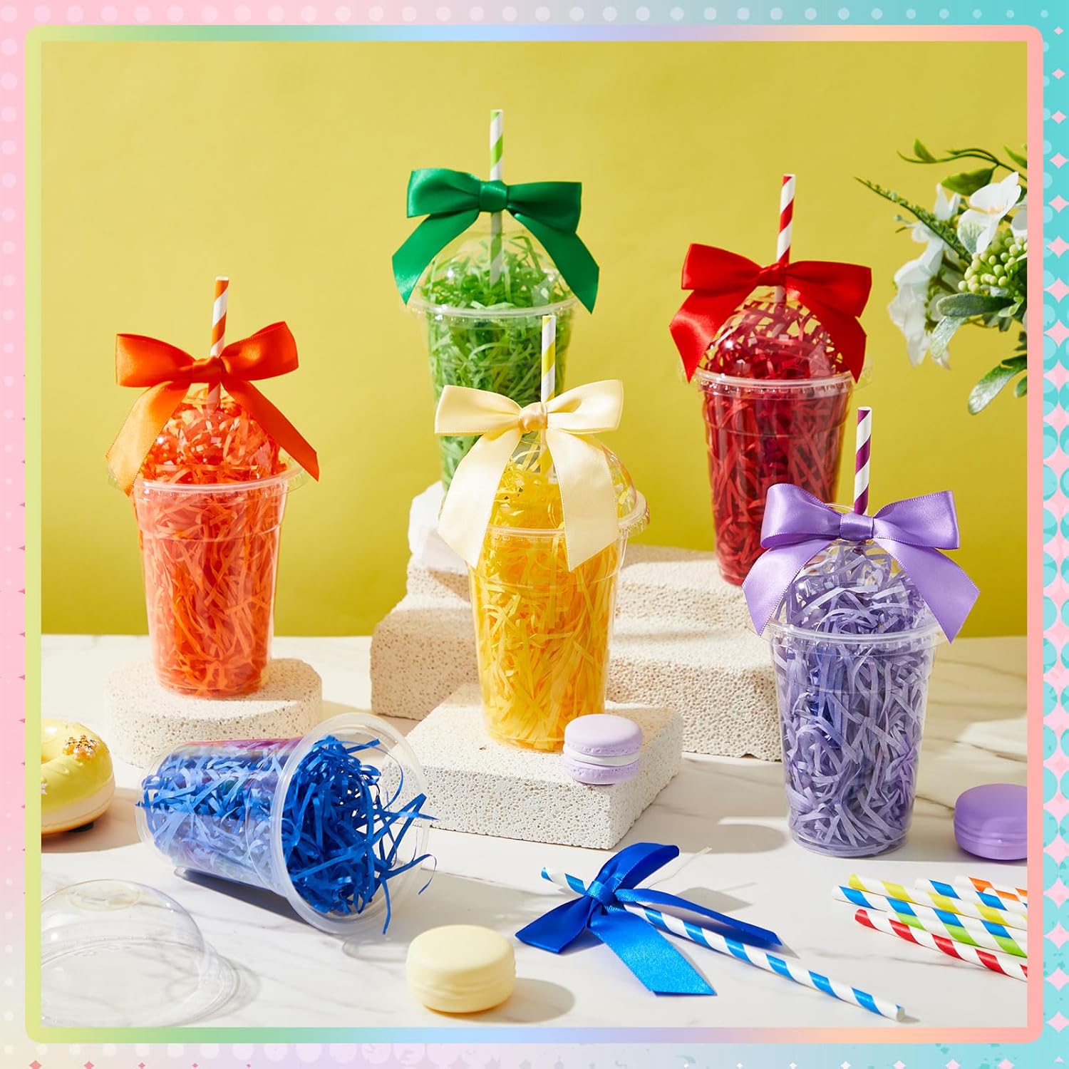 Patelai 30 Set Classroom Birthday Gifts Include Rainbow Plastic Cups with Dome Lids Colorful Straws Decorative Bows and Raffia Birthday Cups for Students Reward Prize Classroom Party Supplies - Image 7