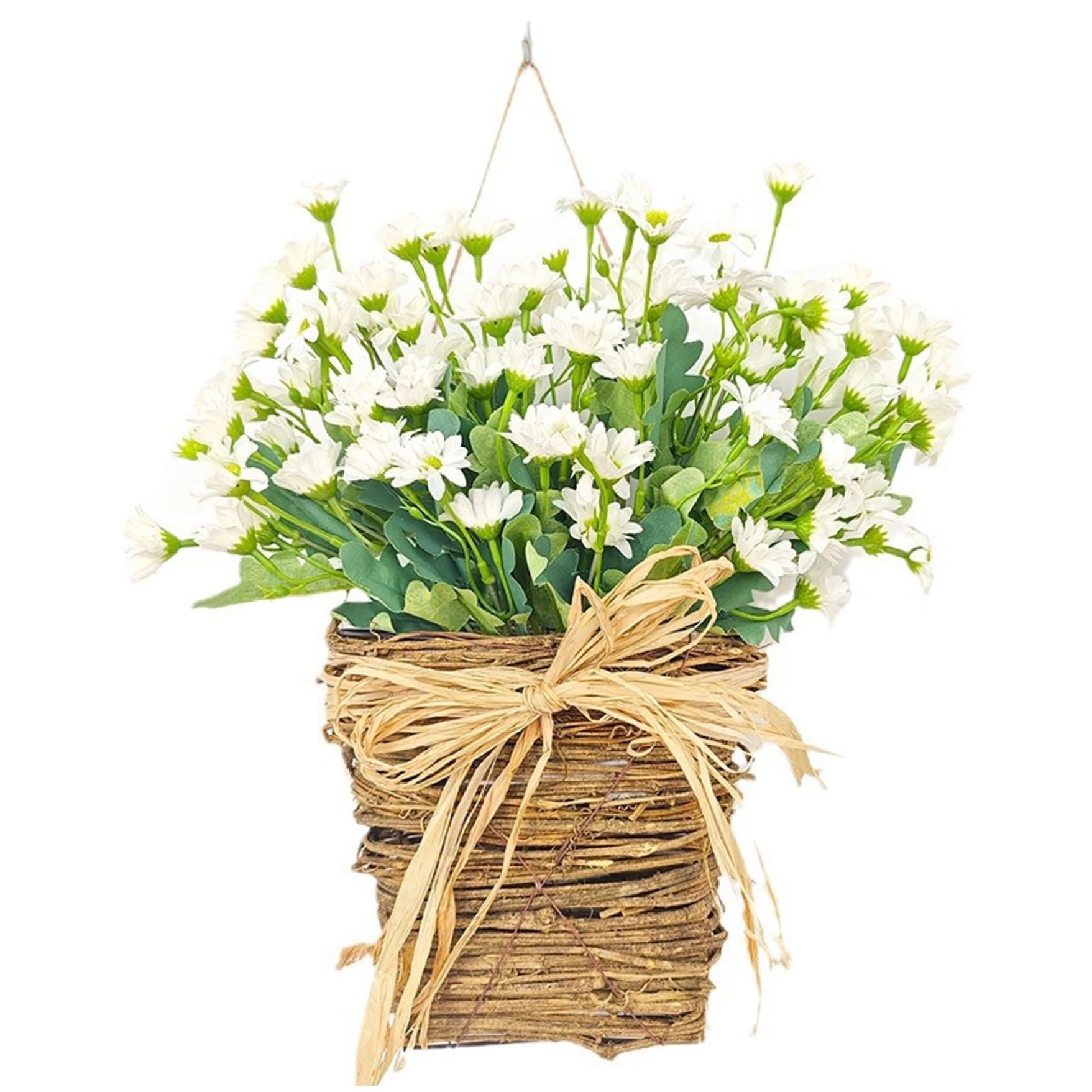 CAKEEYUM Basket Wreaths for Front Door Spring Floral Front Door Basket with Creamy Daisies & Burlap Bow 13.8x7.9 Inch