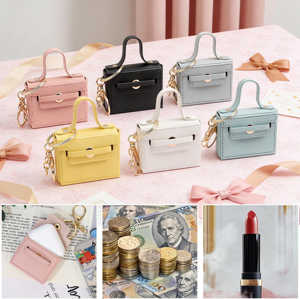 6 PCS Mini Backpack Keychain Super Smalls Makeup Bag Cute Coin Wallet PU Leather Lipstick Bag Card Holder Data Cable Organizer Fashion Bag Charms Accessories for Women Girls (Style 6) - Image 7